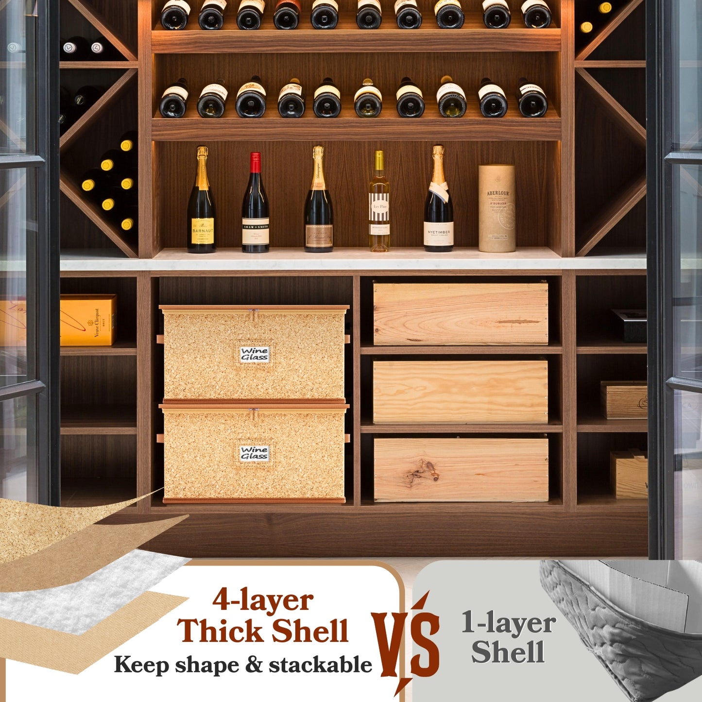 Wine Glass Storage Box with Dividers, Hard Shell, Stackable Glassware Storage Containers with Handles & Label, 10'' Tall Stemware Storage Cases for 12 Crystal Glasses Drinkware, Moving & Home Storage