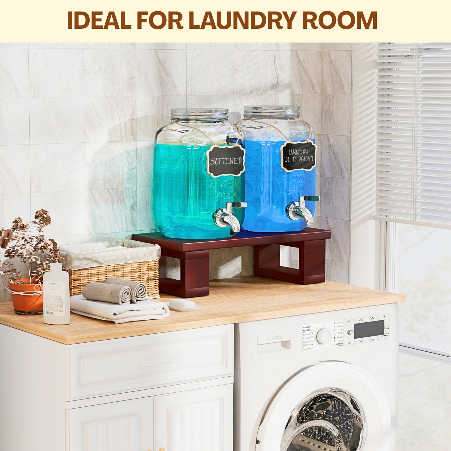 1 Gallon Drink Dispenser for Parties, 2 Pack Glass Beverage Dispenser with Solid Wood Stand, Stainless Steel Spigot, Leakproof Drink Dispenser with Chalkboard Labels for Lemonade, Juice, Tea & Picnic