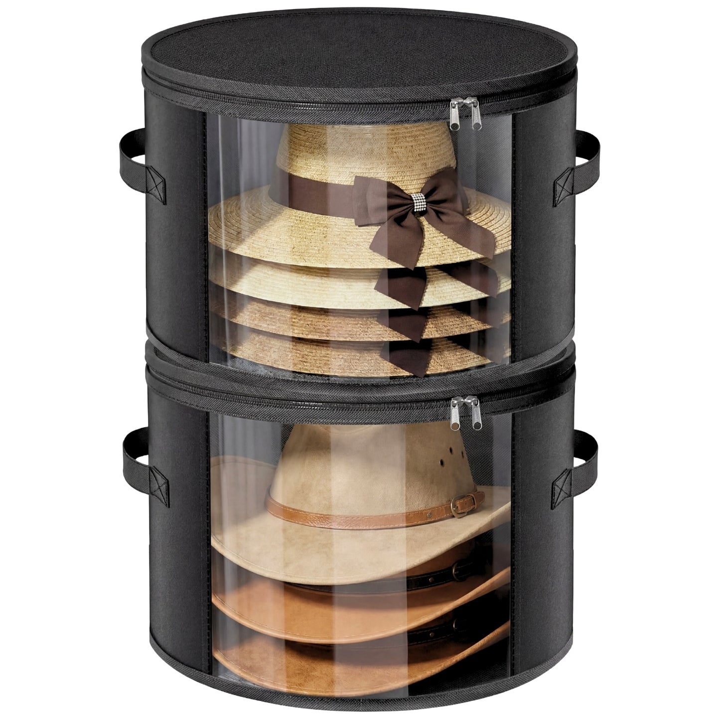 Ofiray-home 2 Pack Large Clear Hat Storage Boxes, Hold up to 7-9 Hats, Hat Organizer for Closet, Sturdy & Foldable, Hat Box with Carrying Handles for Round Brim, Wide-Brim, Cowboy, Sun Hat