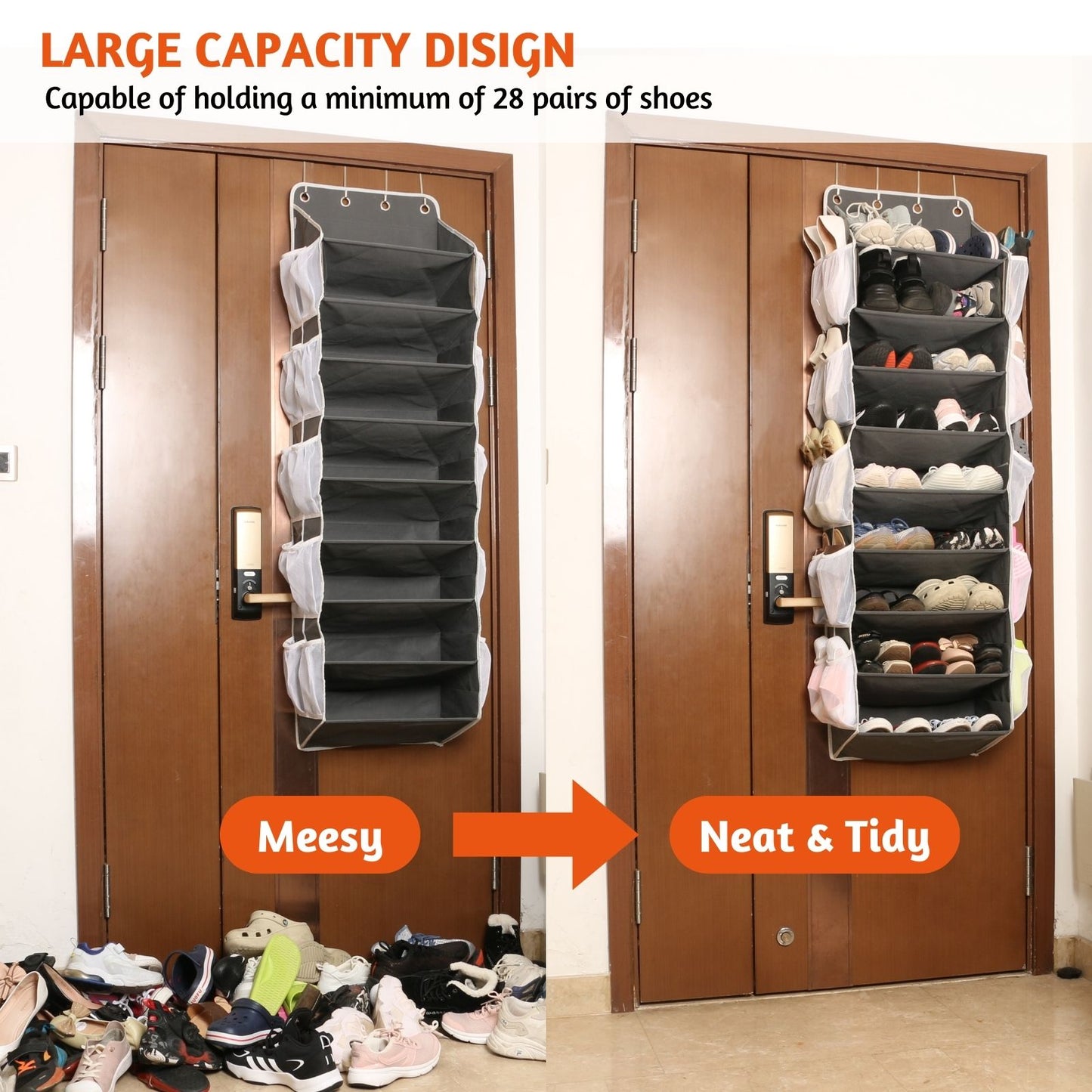 Over The Door Shoe Organizer, 9-tier Behind The Door Shoe Rack with 20 Mesh Pockets Fits 28 Pairs Shoes, Large Deep Pockets Hanging shoe storage for Closet, Dorm, RV, Narrow Door - Gray