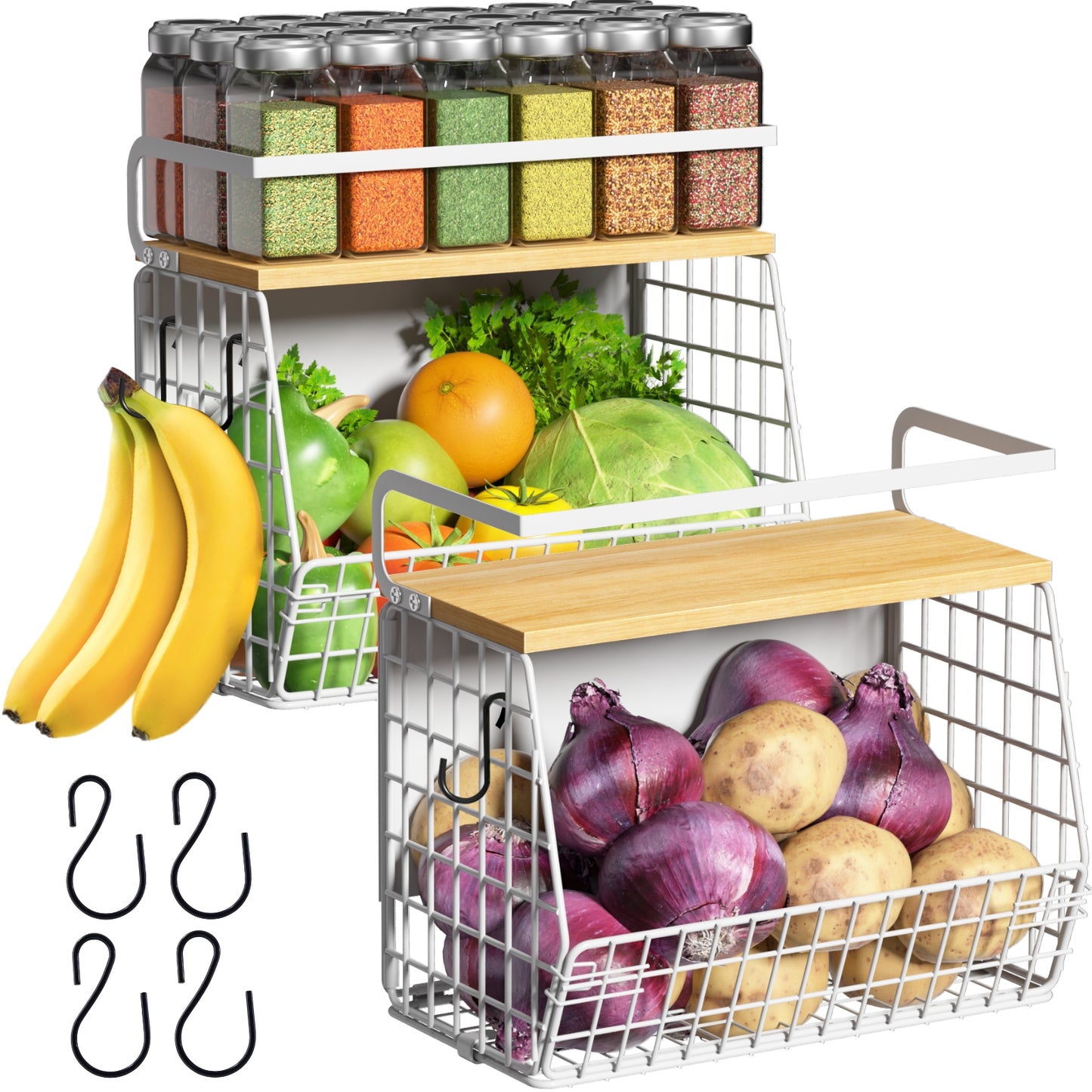 Magnetic Shelf for Refrigerator with Wood Lid, Fruit Potato & Onion Storage Bins, Pantry Organizers & Storage, Large Container Magnetic Spice Rack for Refrigerator, Kitchen Counter, Cabinet