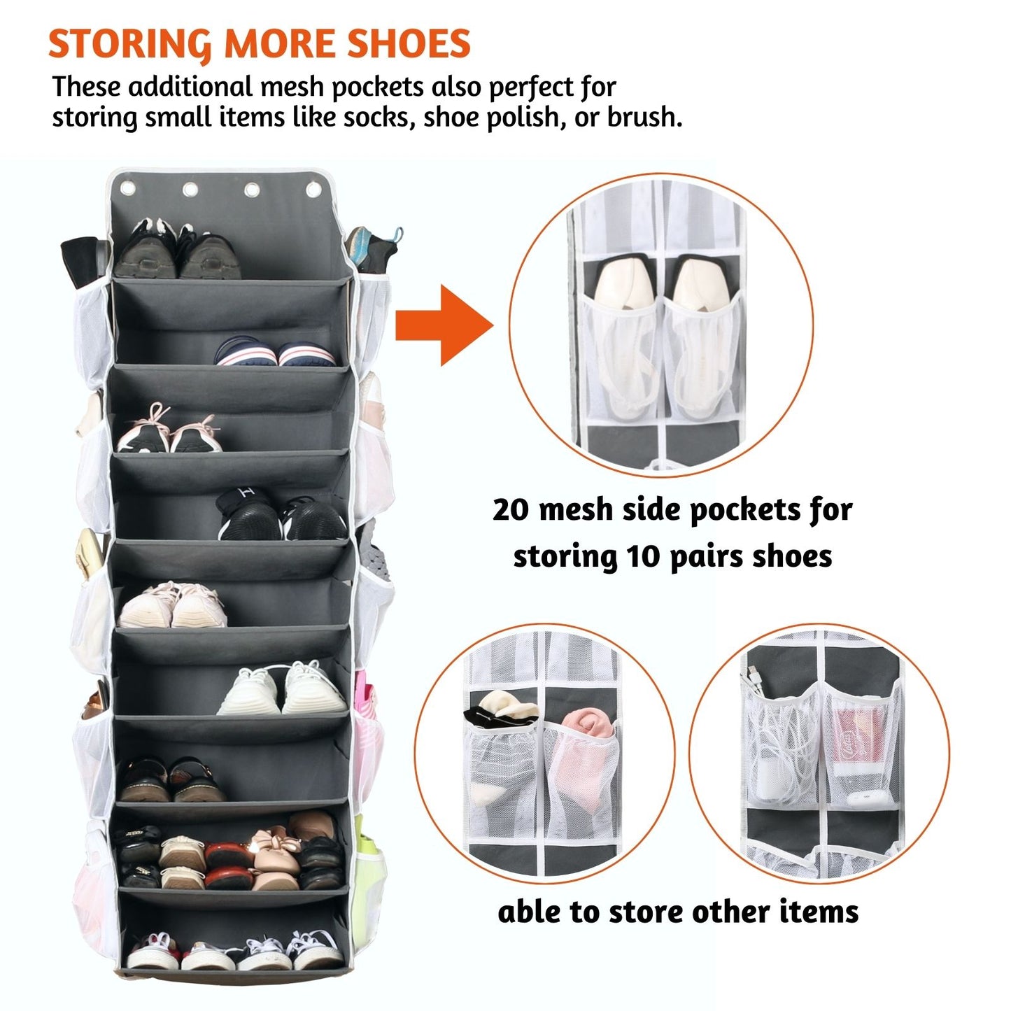Over The Door Shoe Organizer, 9-tier Behind The Door Shoe Rack with 20 Mesh Pockets Fits 28 Pairs Shoes, Large Deep Pockets Hanging shoe storage for Closet, Dorm, RV, Narrow Door - Gray