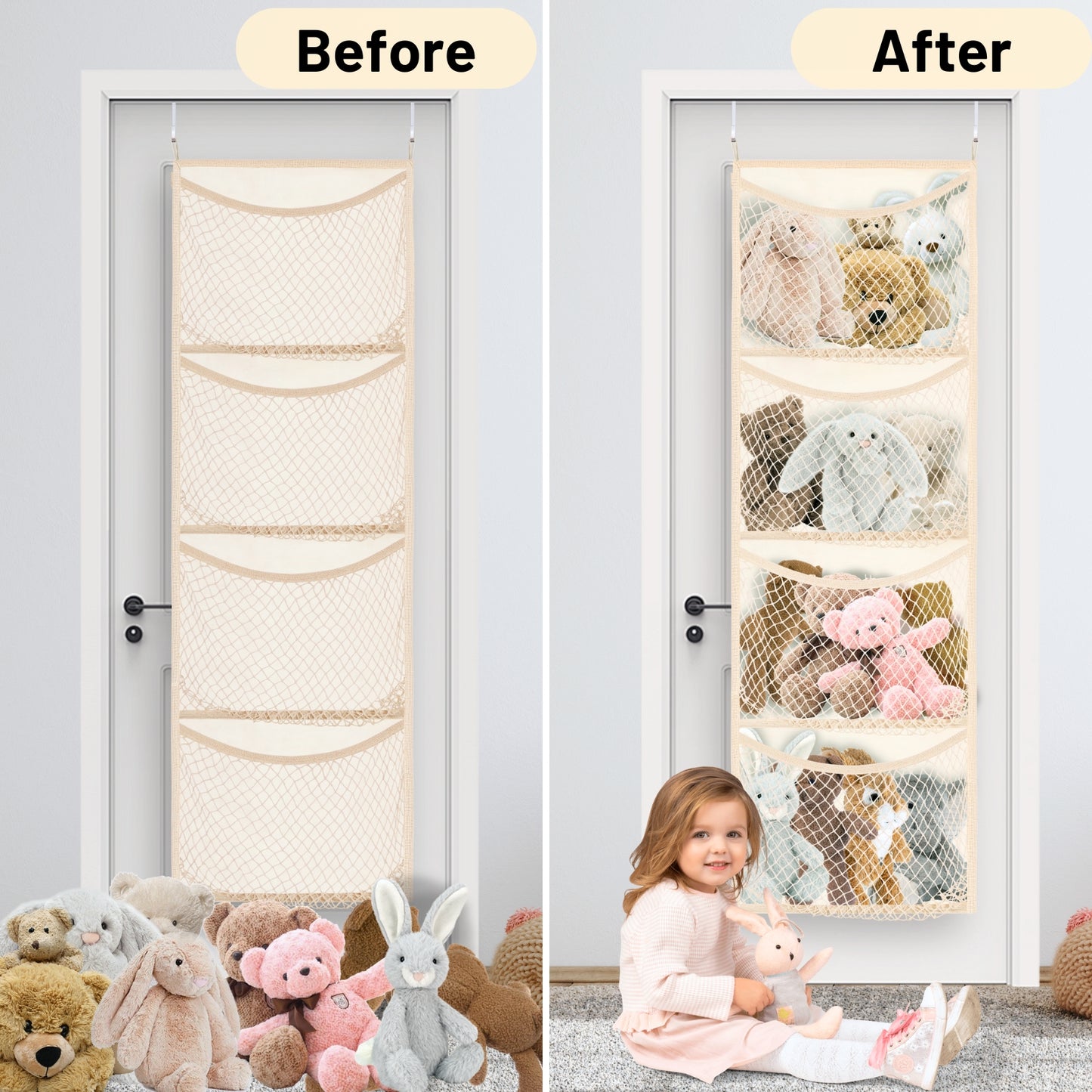 Over The Door Stuffed Animal Storage, Cotton Toy Organizer for Storage Plush Toys,Baby Supplies, Stuffed Animal Holder with 4 Large Pockets, Hanging Door Organizer for Nursery, Bedroom, Kids Room