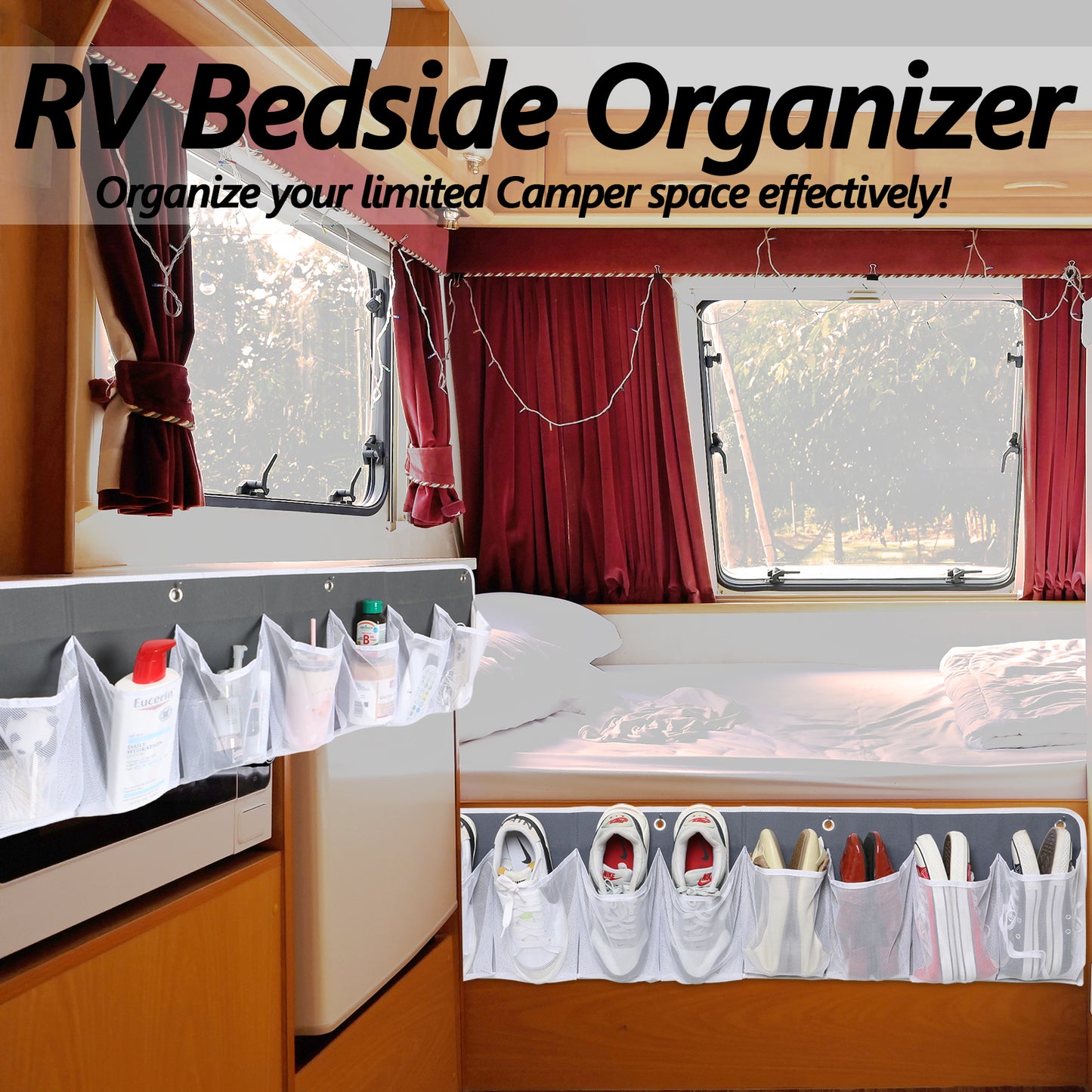 2 Pack RV Shoe Storage for Bedside - 16 Extra Large Pocket Wall Mounted Entryway Shoes Rack, Bed Hanging Pocket Organizer, Bedside Caddy for Shoes, Toys, and Tool Accessories - RV & Camper Essentials