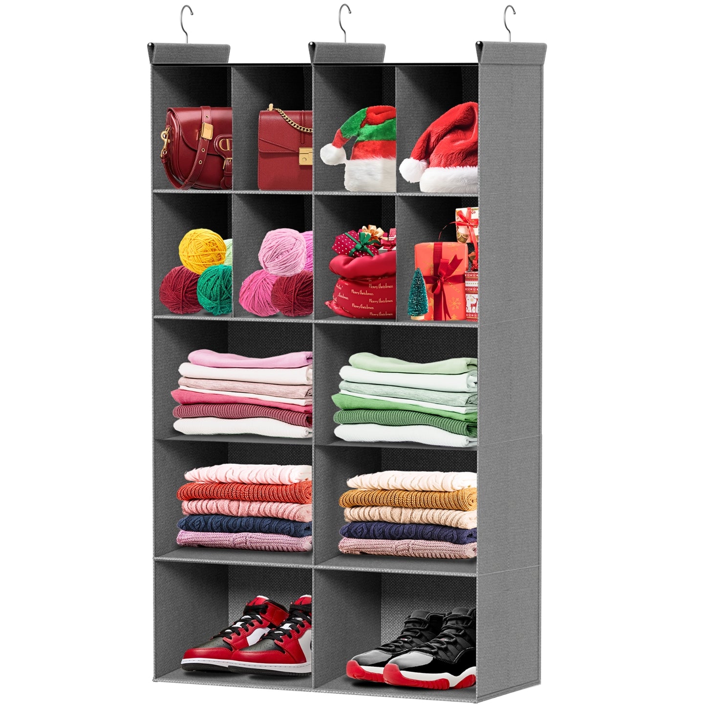 6 Tier Hanging Closet Organizer, 16 Compartments Sweater Organizer for Closet with 3 Sturdy Hooks, Closet Organizers and Storage, Wardrobe, Rv, Garment Rack, Grey