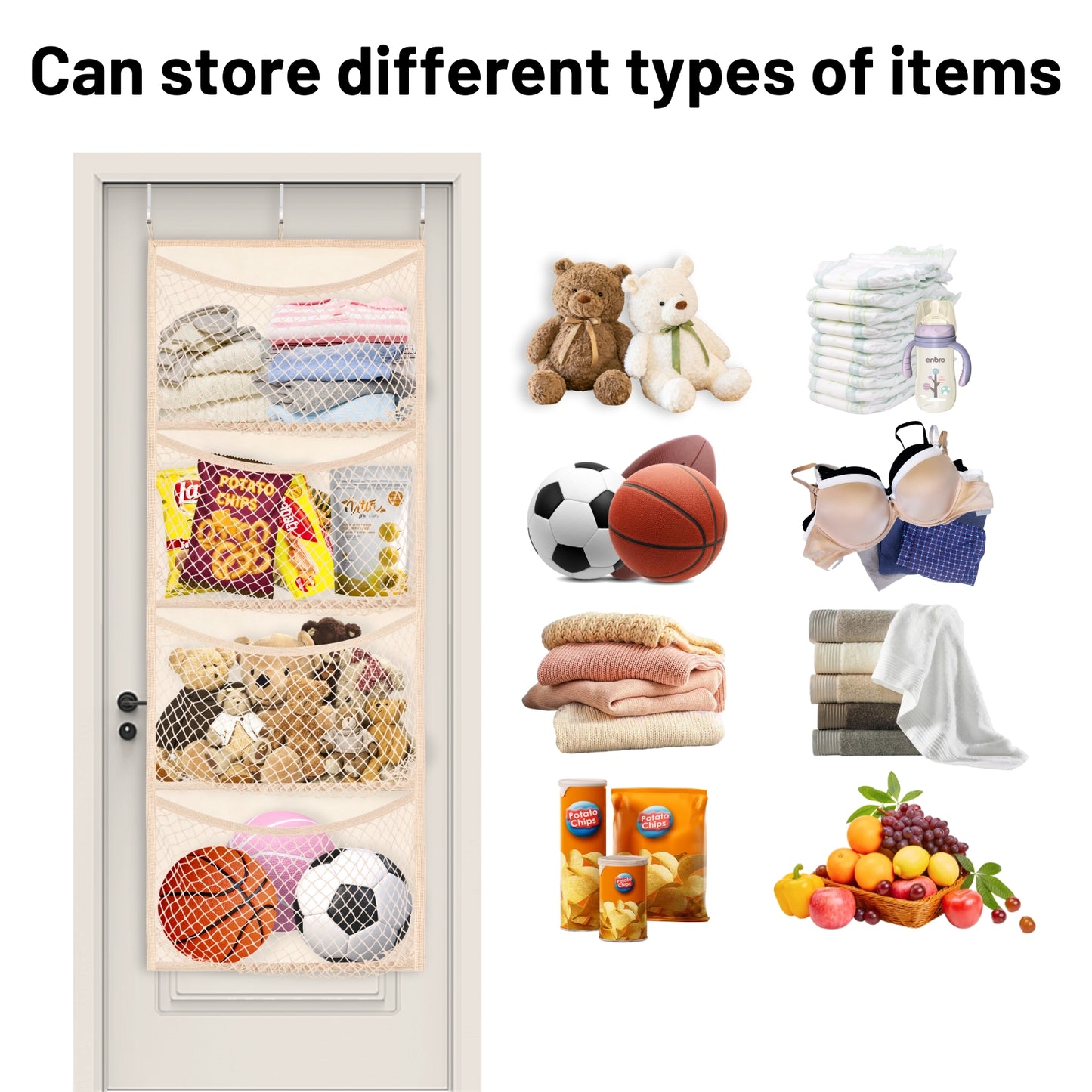 Wide Over The Door Stuffed Animal Storage, Cotton Toy Organizer for Plush Toys, Baby Supplies, Stuffed Animal Holder with 5 Large Pockets, Hanging Door Organizer for Nursery, Bedroom, Kids Room