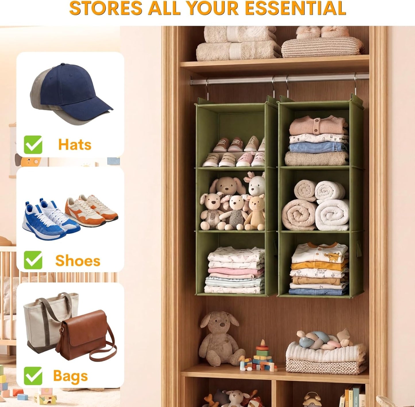 Extra Deep Hanging Closet Organizer 2 Pack, 3-Shelf Separable Closet Organizers and Storage with Linen Texture, Foldable Space-Saving Hanging Shelves for Clothes, Handbag, Hats, Dorm & RVs
