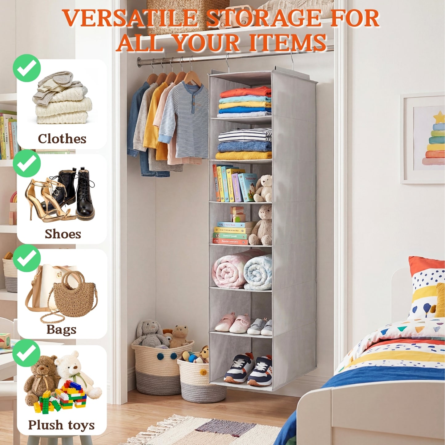 Ofiray-home Hanging Shoe Organizer for Closet, 8 Tier Closet Shoe Organizer with Adjustable Shelves for Boots, Heavy Duty Hanging Closet Organizer, Shoe Storage Organizer for Closet Rod