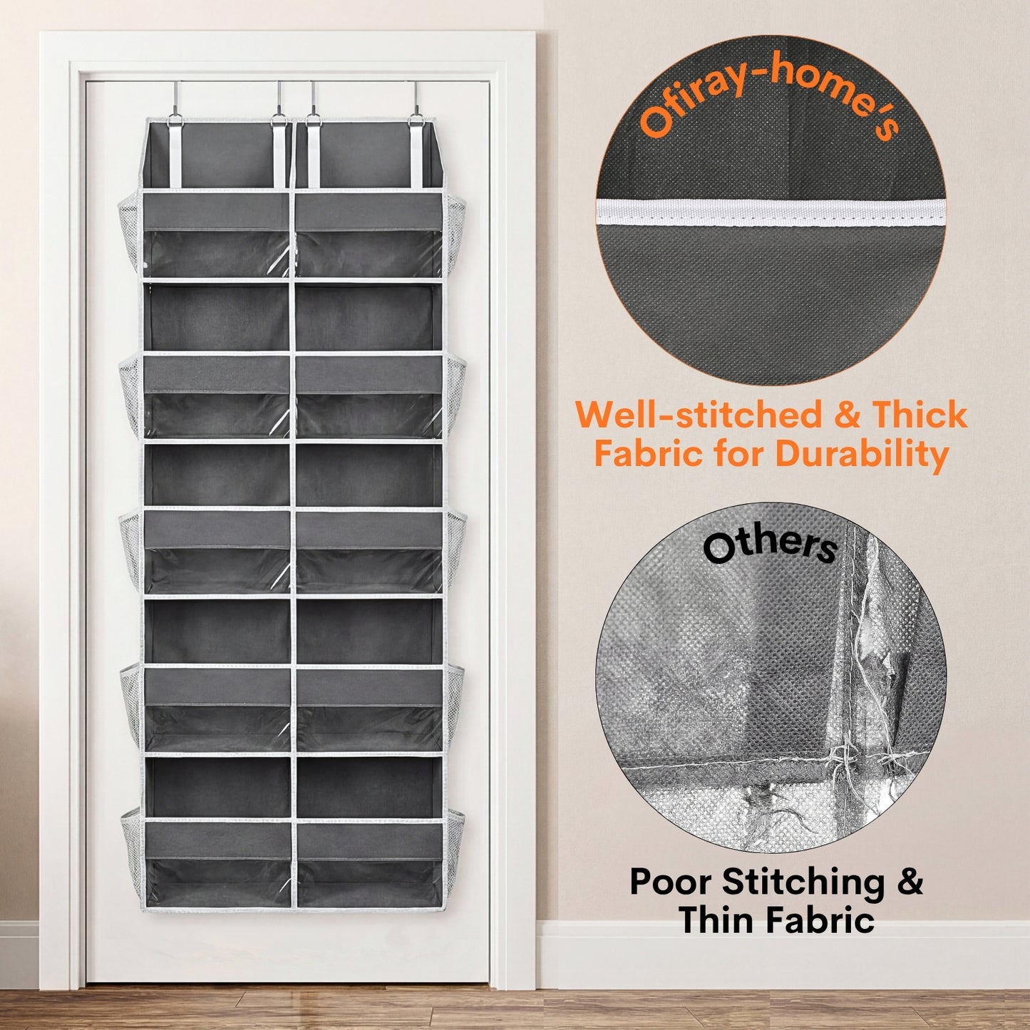 Over Door Organizer, 5-Tier Large Hanging Storage Organizer with 10 Mesh Side Pockets Behind Door Storage Shelf with Clear Windows for Kitchen Bathroom Bedroom Nursery, Toys, Diapers, Shoe