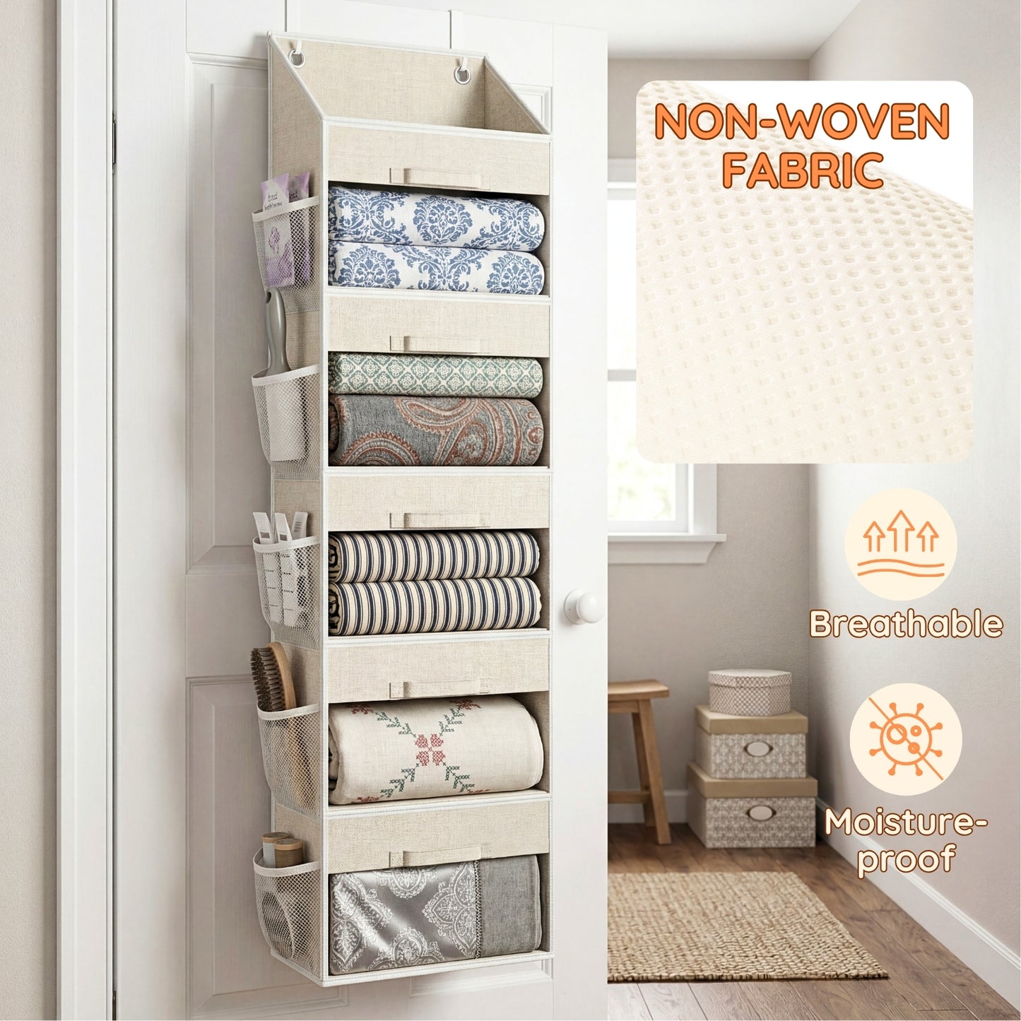 Ofiray-home Hanging Yarn Storage Organizer with 5 Drawers, Over the Door Large Capacity Knitting Organizer Storage&10 Mesh Side Pockets, Hanging Yarn Holder for Knitting Needles, Crochet Hooks- Beige