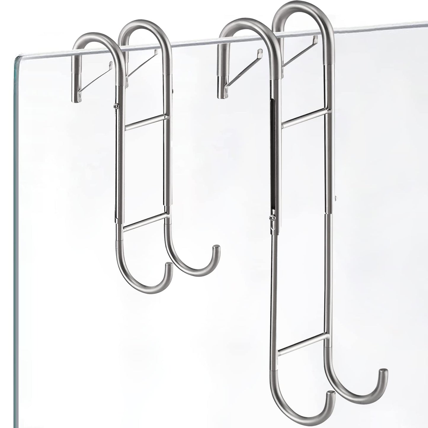 Shower Door Towel Hooks - 9"~13" Length Adjustable Hook for Framed & Frameless Over The Door Glass, Squeegee Holder, Towels Hanger for Bath Suits Rozer Robes Loofahs Shavers, 2-Pack Silver