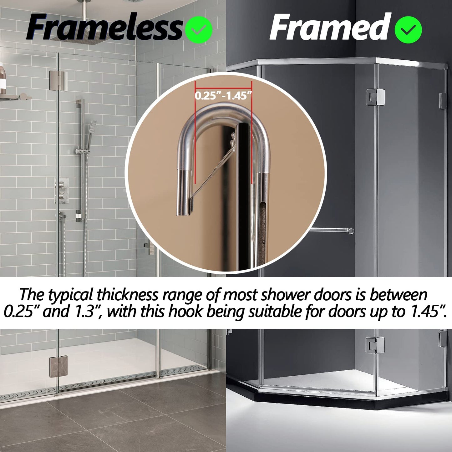 Shower Door Towel Hooks - 9"~13" Length Adjustable Hook for Framed & Frameless Over The Door Glass, Squeegee Holder, Towels Hanger for Bath Suits Rozer Robes Loofahs Shavers, 2-Pack Silver