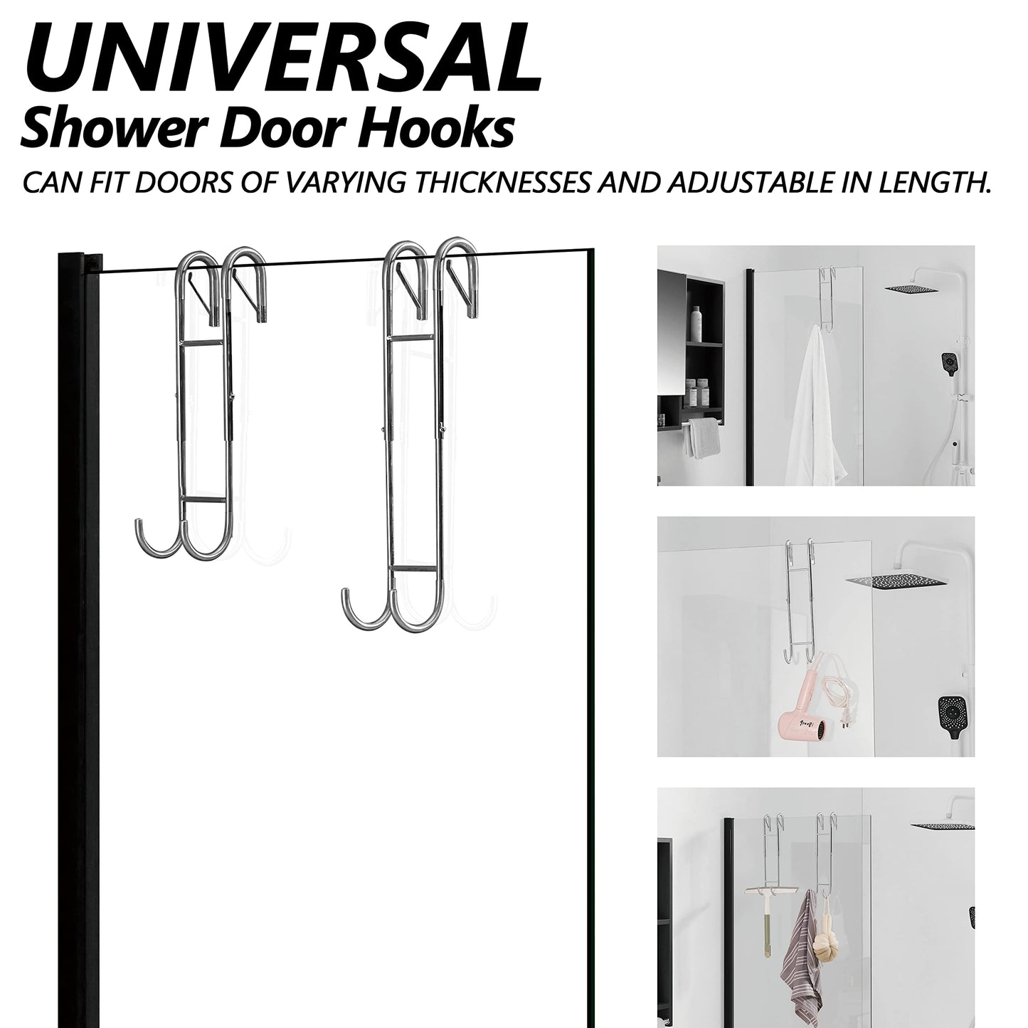 Shower Door Towel Hooks - 9"~13" Length Adjustable Hook for Framed & Frameless Over The Door Glass, Squeegee Holder, Towels Hanger for Bath Suits Rozer Robes Loofahs Shavers, 2-Pack Silver