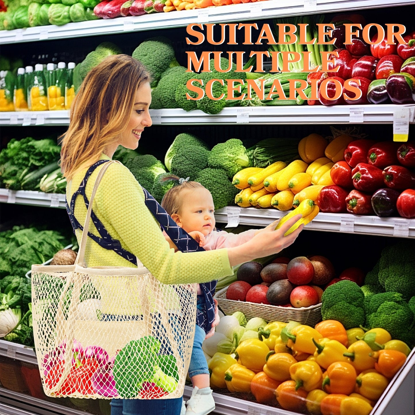 Pure Cotton Tote Bags for Women, Stylish Mesh Tote Bag Hobo, Reusable Mesh Grocery Bags, 2-in-1 Shoulder Bag with Large Inner Pocket, Essential for Picnic/Travel/Beach Vacation/Daily Shopping - Beige