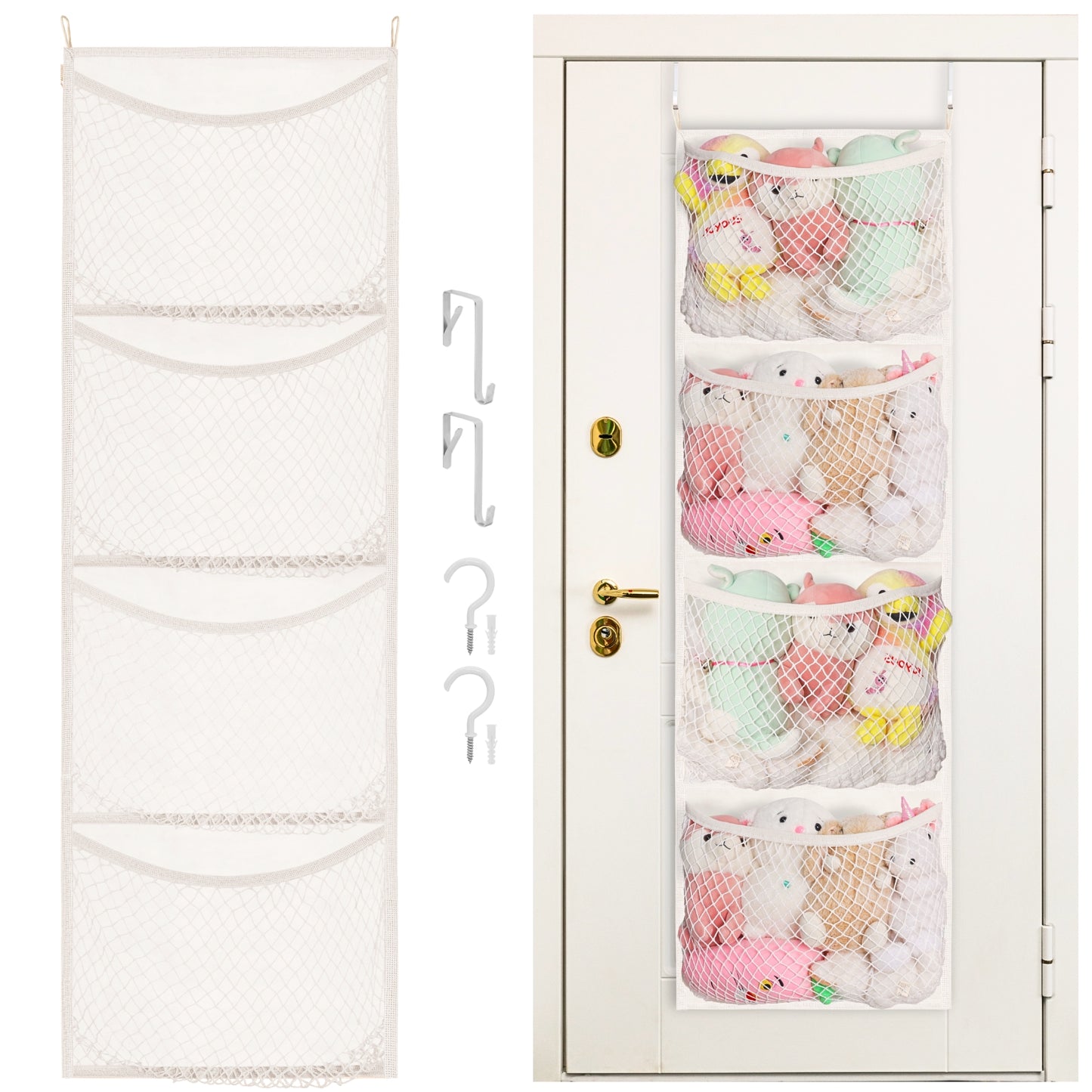 Over The Door Stuffed Animal Storage, Cotton Toy Organizer for Storage Plush Toys,Baby Supplies, Stuffed Animal Holder with 4 Large Pockets, Hanging Door Organizer for Nursery, Bedroom, Kids Room
