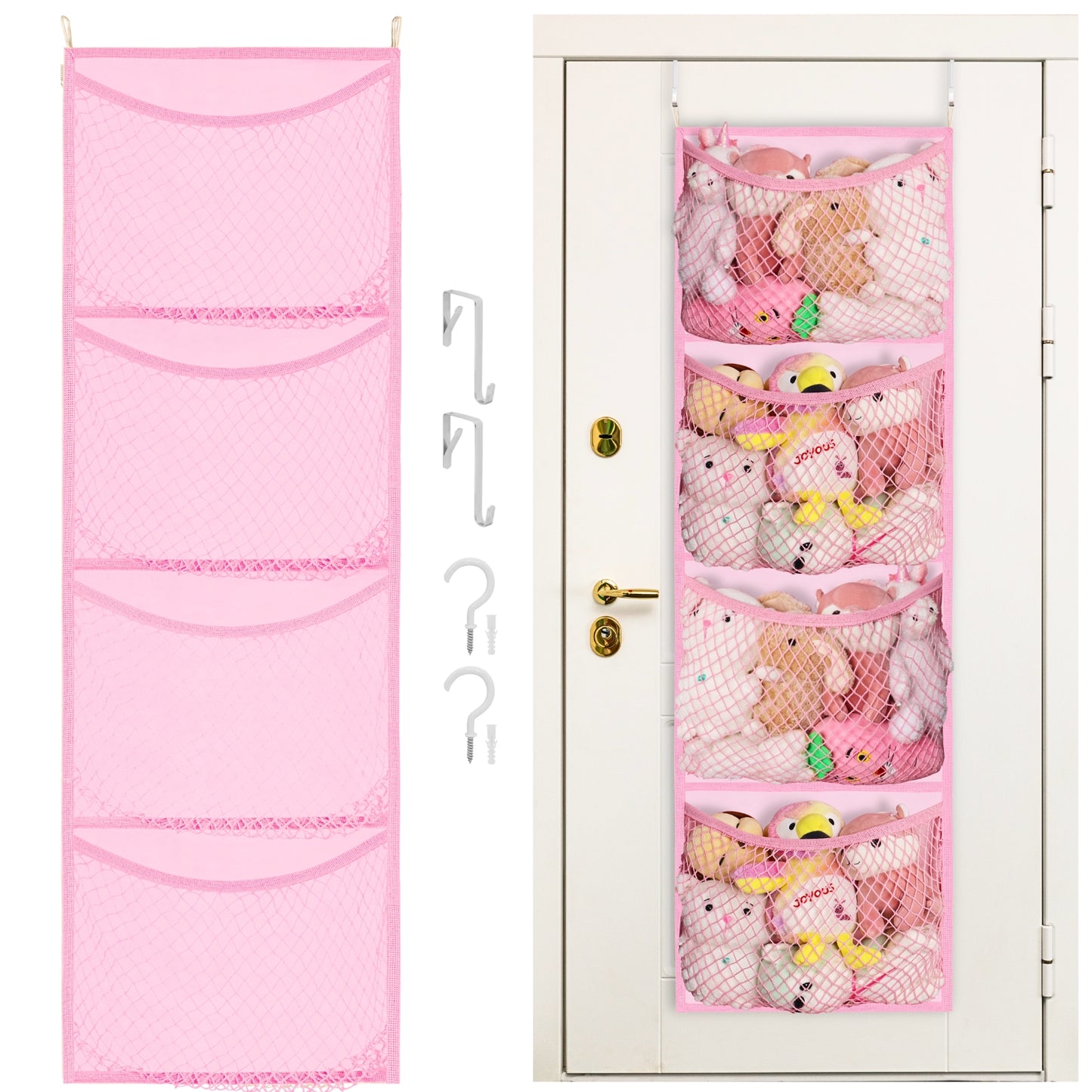 Over The Door Stuffed Animal Storage, Cotton Toy Organizer for Storage Plush Toys,Baby Supplies, Stuffed Animal Holder with 4 Large Pockets, Hanging Door Organizer for Nursery, Bedroom, Kids Room