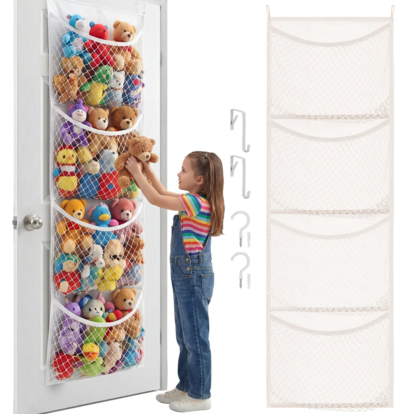 Over The Door Stuffed Animal Storage, Cotton Toy Organizer for Storage Plush Toys,Baby Supplies, Stuffed Animal Holder with 4 Large Pockets, Hanging Door Organizer for Nursery, Bedroom, Kids Room