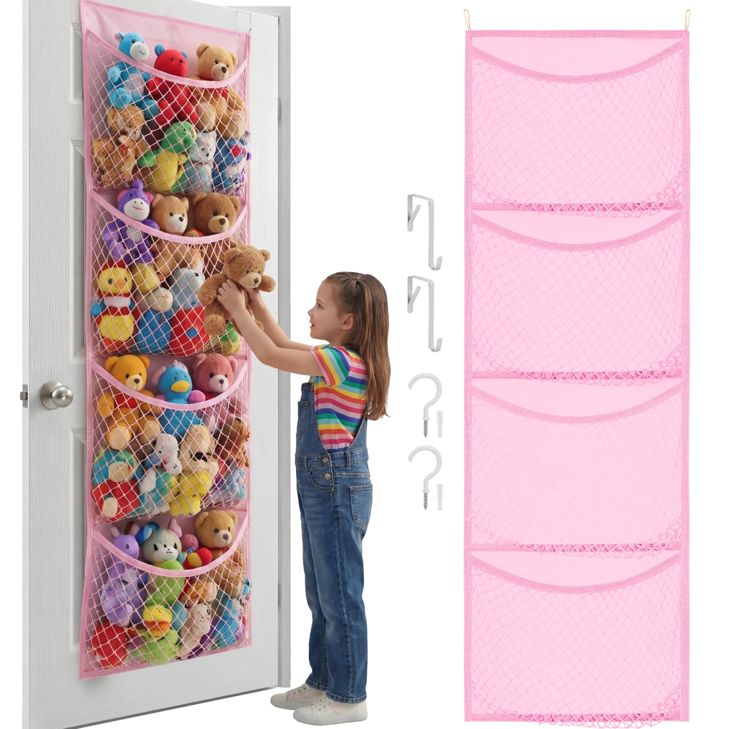 Over The Door Stuffed Animal Storage, Cotton Toy Organizer for Storage Plush Toys,Baby Supplies, Stuffed Animal Holder with 4 Large Pockets, Hanging Door Organizer for Nursery, Bedroom, Kids Room