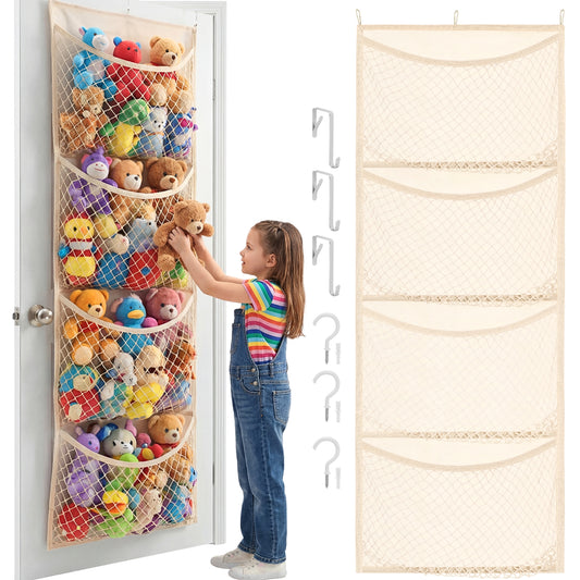 Over The Door Stuffed Animal Storage, Cotton Toy Organizer for Storage Plush Toys,Baby Supplies, Stuffed Animal Holder with 4 Large Pockets, Hanging Door Organizer for Nursery, Bedroom, Kids Room