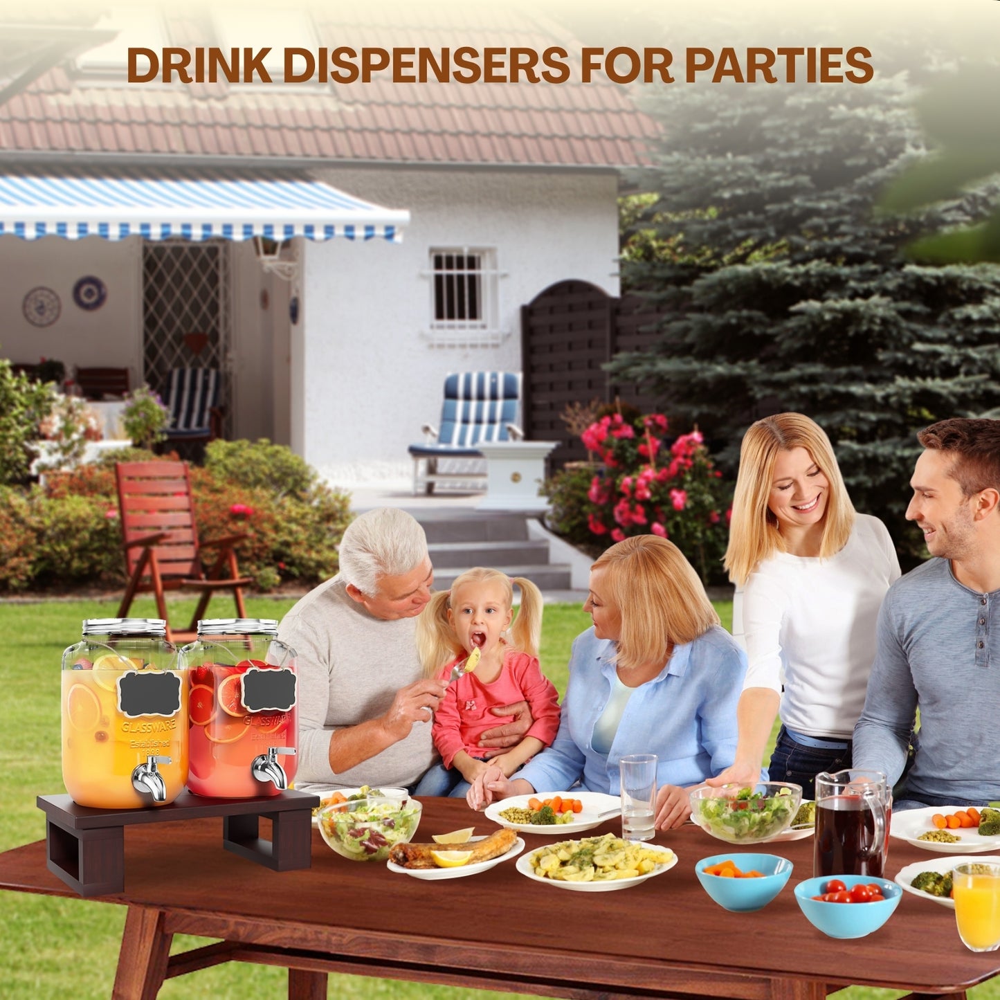 1 Gallon Drink Dispenser for Parties, 2 Pack Glass Beverage Dispenser with Solid Wood Stand, Stainless Steel Spigot, Leakproof Drink Dispenser with Chalkboard Labels for Lemonade, Juice, Tea & Picnic