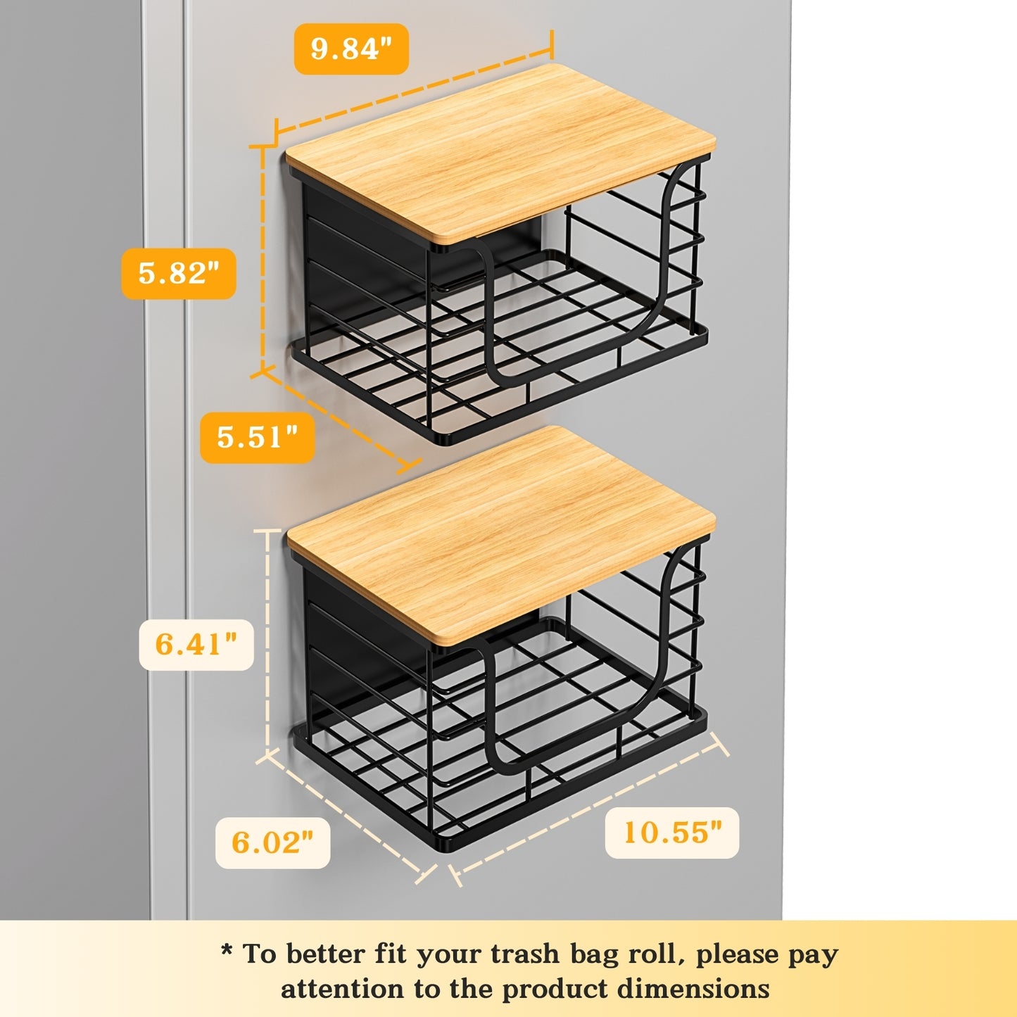 Magnetic Shelf for Fridge Trash Bag Organizer, 2 Pack Stackable Garbage Bag Holder with Bamboo Lid, Magnetic Storage Bin for Refrigerator, Under Sink, Kitchen, Pantry, Small Space Organization – Black