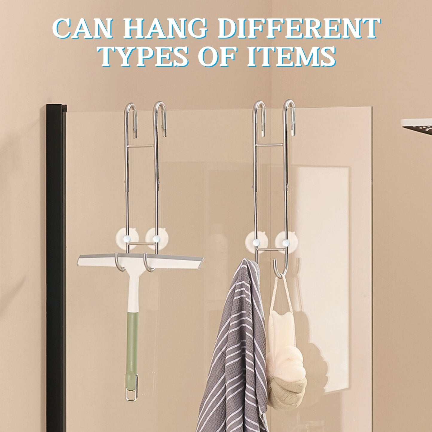 Shower Door Towel Hooks - 9"~13" Length Adjustable Hook for Framed & Frameless Over The Door Glass, Squeegee Holder, Towels Hanger for Bath Suits Rozer Robes Loofahs Shavers, 2-Pack Silver