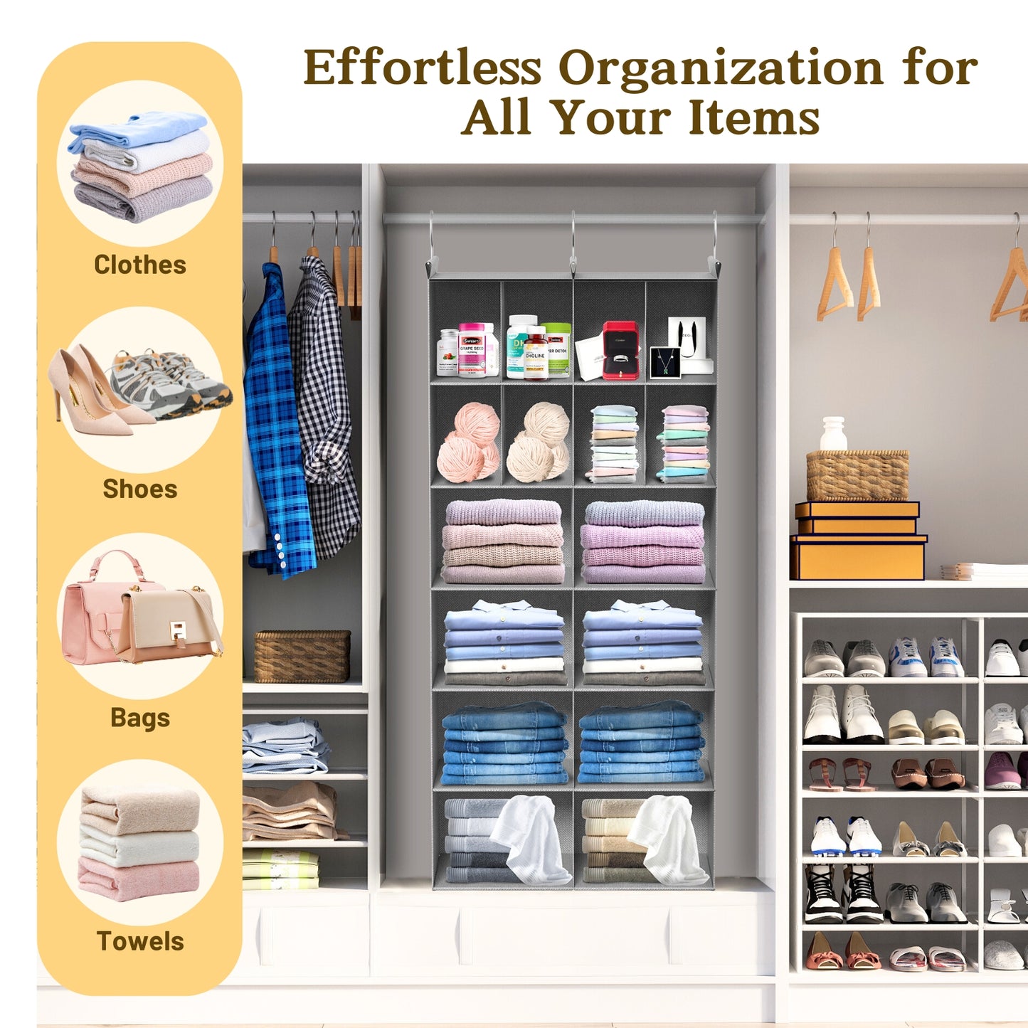 6 Tier Hanging Closet Organizer, 16 Compartments Sweater Organizer for Closet with 3 Sturdy Hooks, Closet Organizers and Storage, Wardrobe, Rv, Garment Rack, Grey
