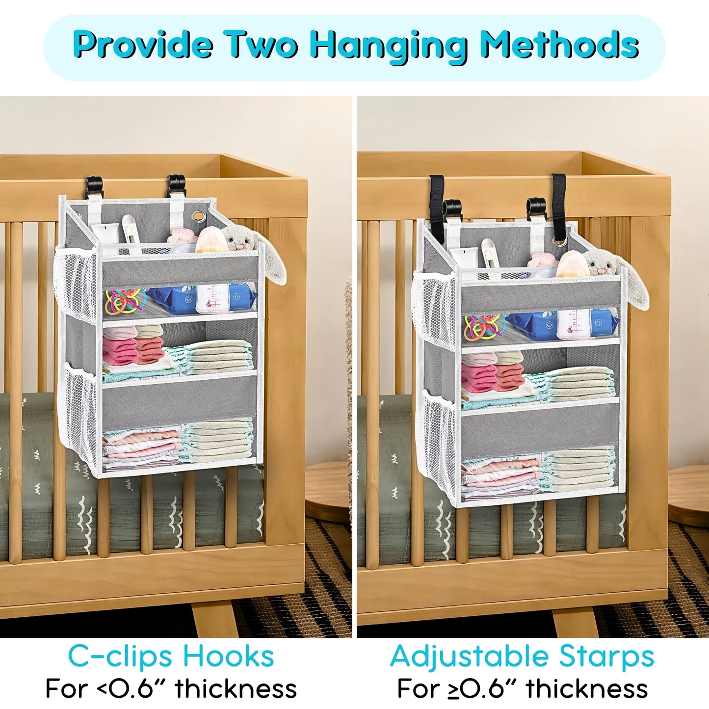Ofiray-home Hanging Diaper Organizer for Changing Table,Cribs,Car,Playard or Wall & Nursery Organization-Durable 2-Tier Diaper Organizer with Mesh Pockets and Viewable Design, Won't Deform, Light Gray