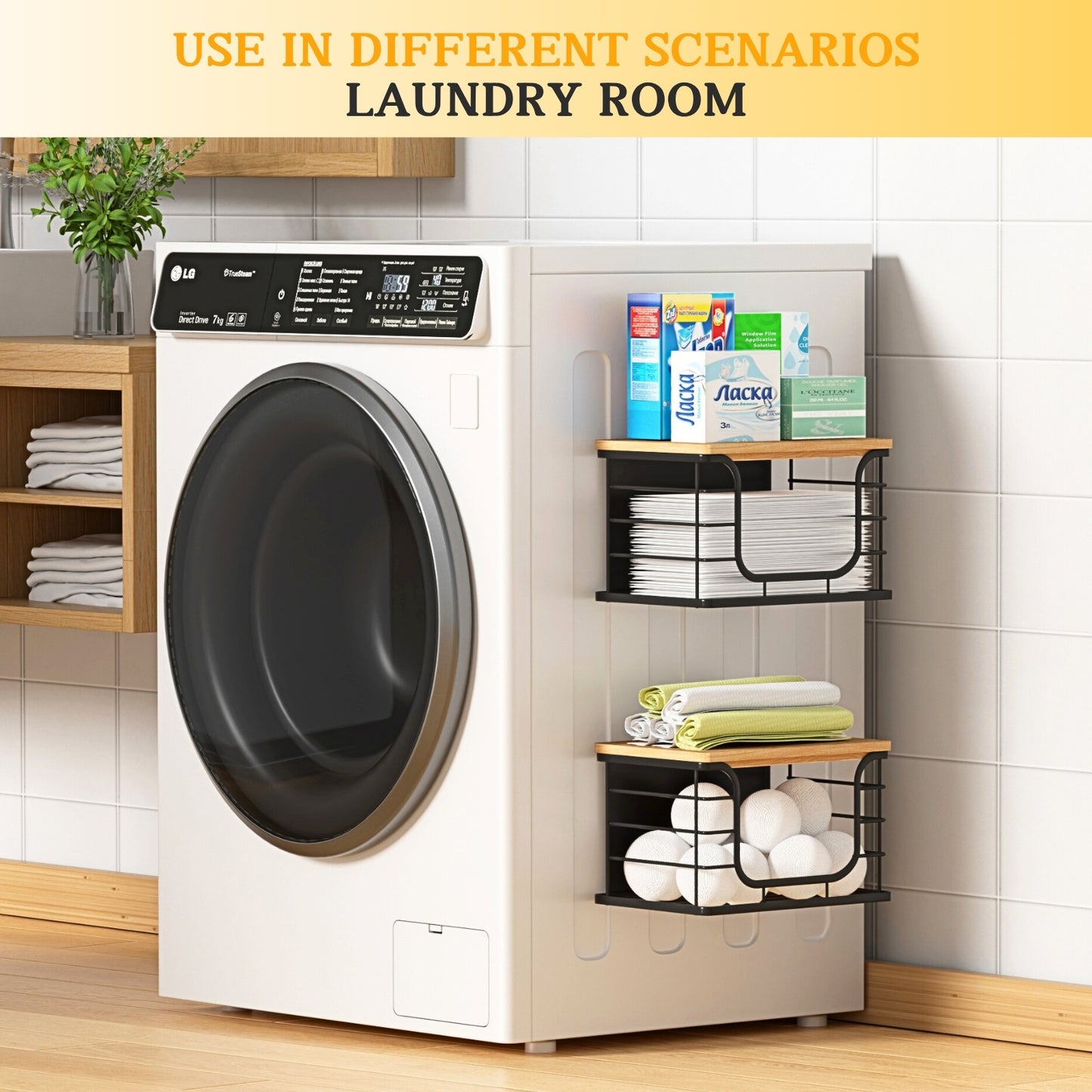 Magnetic Shelf for Fridge Trash Bag Organizer, 2 Pack Stackable Garbage Bag Holder with Bamboo Lid, Magnetic Storage Bin for Refrigerator, Under Sink, Kitchen, Pantry, Small Space Organization – Black