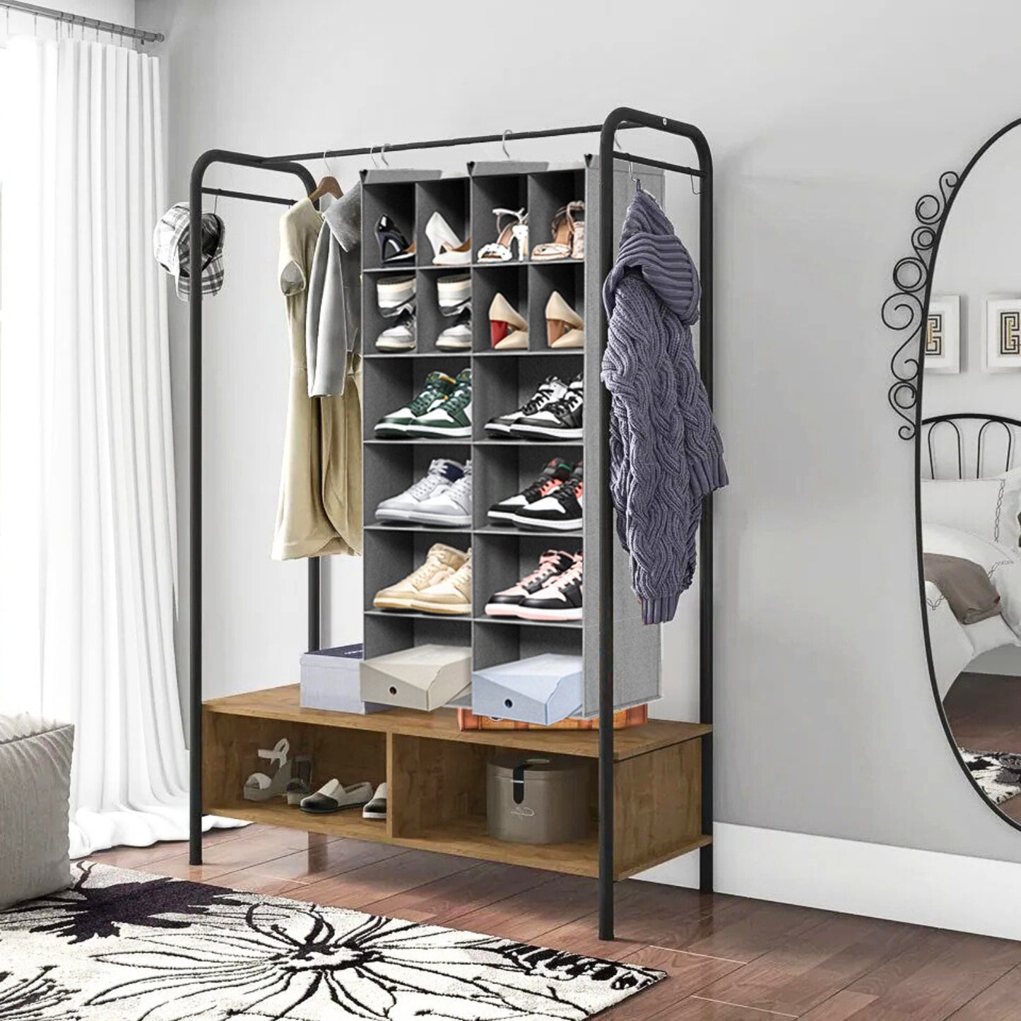 6 Tier Hanging Closet Organizer, 16 Compartments Sweater Organizer for Closet with 3 Sturdy Hooks, Closet Organizers and Storage, Wardrobe, Rv, Garment Rack, Grey