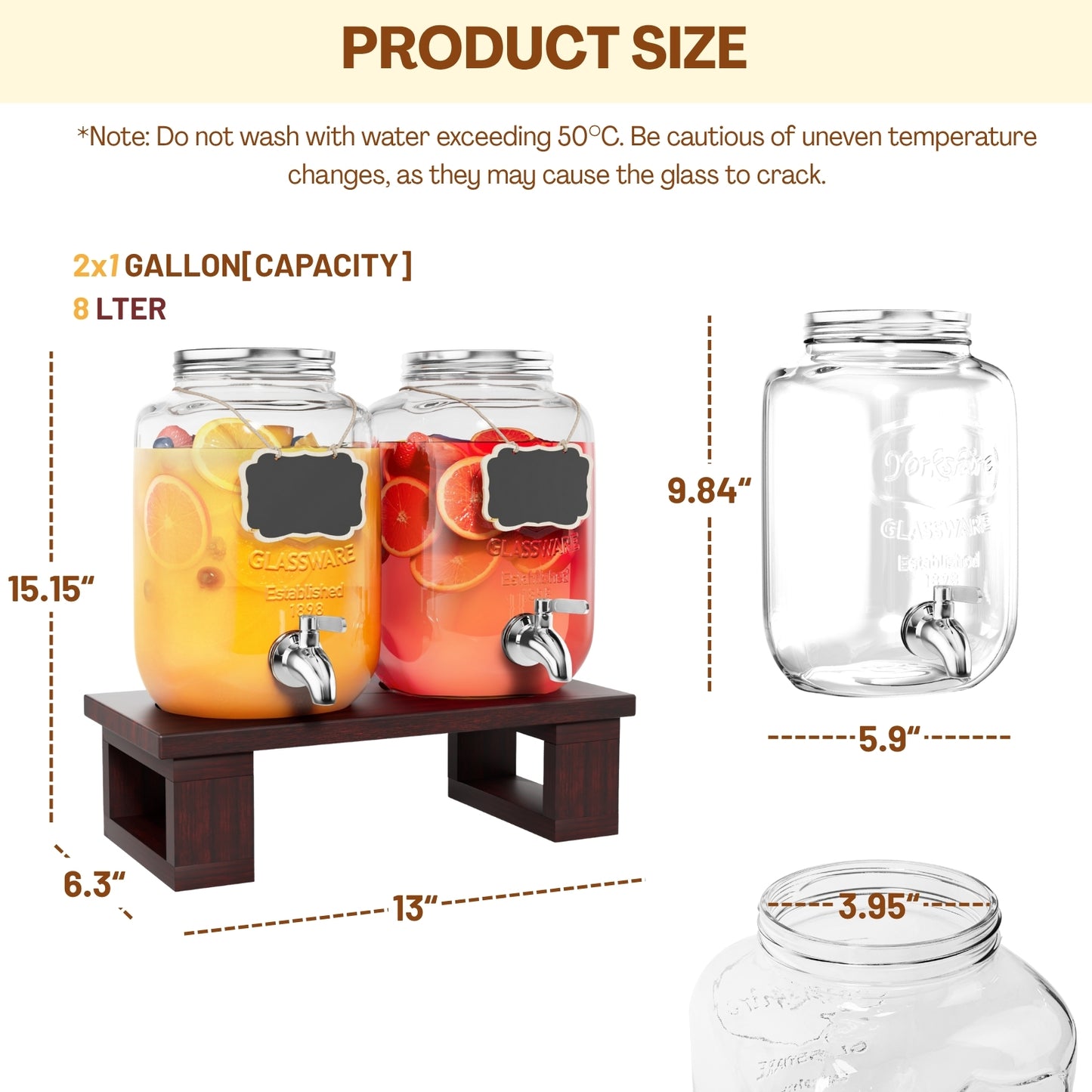 1 Gallon Drink Dispenser for Parties, 2 Pack Glass Beverage Dispenser with Solid Wood Stand, Stainless Steel Spigot, Leakproof Drink Dispenser with Chalkboard Labels for Lemonade, Juice, Tea & Picnic