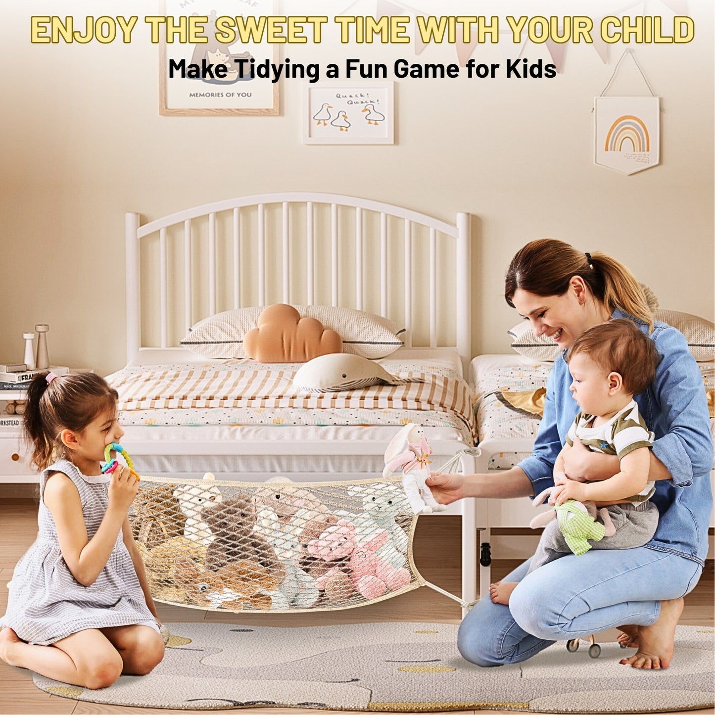 Stuffed Animal Storage Net for Kids, Bedside Toy Organizer Net - Neatly Store Your Stuffed Animals, Cotton Bedside Stuffed Animal Storage Net with Tether, Stretches up to 35 Inches, Beige