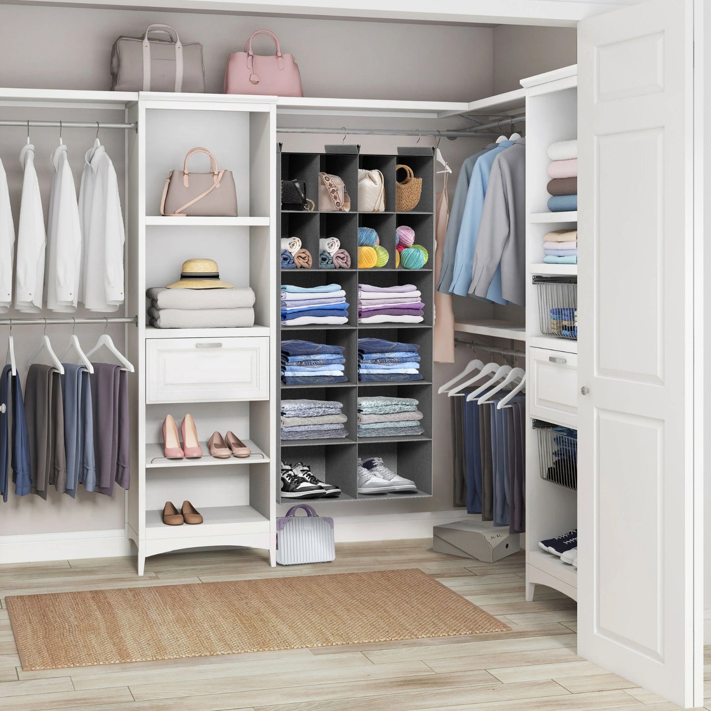 6 Tier Hanging Closet Organizer, 16 Compartments Sweater Organizer for Closet with 3 Sturdy Hooks, Closet Organizers and Storage, Wardrobe, Rv, Garment Rack, Grey