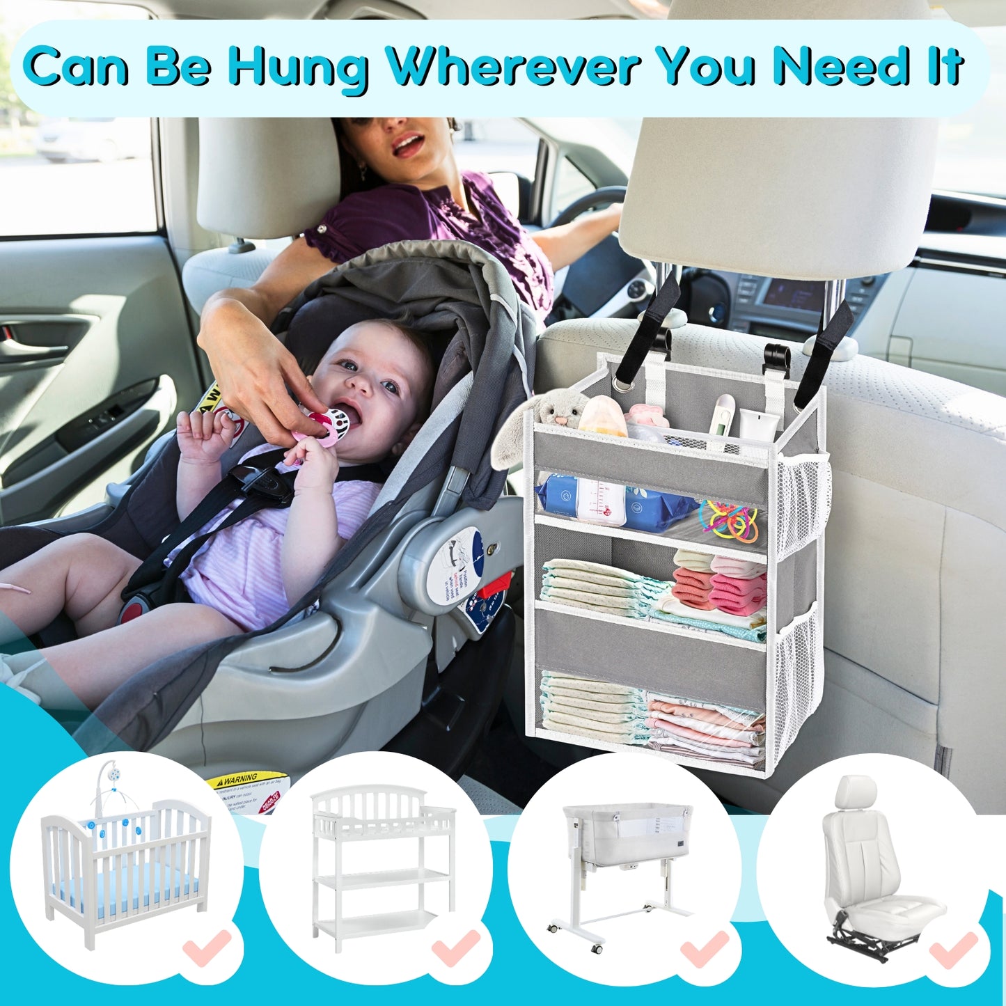 Ofiray-home Hanging Diaper Organizer for Changing Table,Cribs,Car,Playard or Wall & Nursery Organization-Durable 2-Tier Diaper Organizer with Mesh Pockets and Viewable Design, Won't Deform, Light Gray