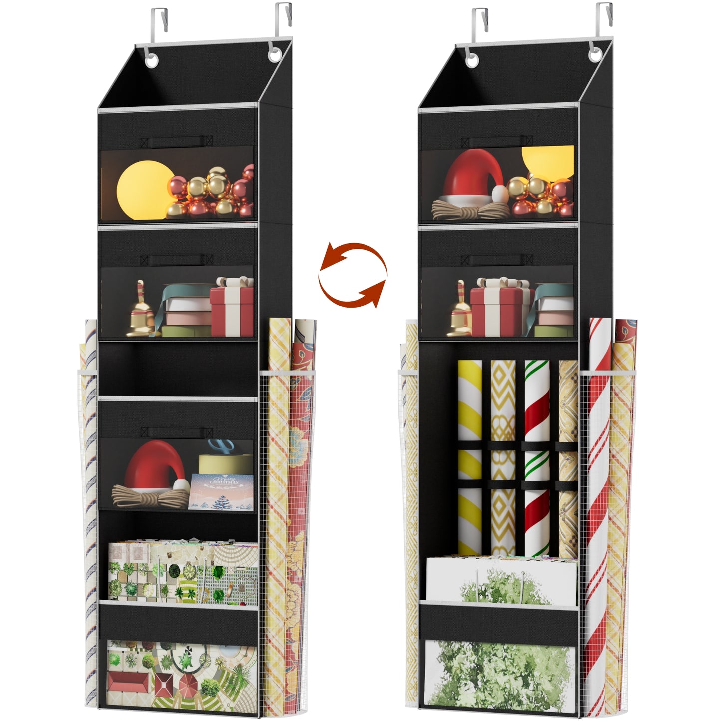 Over Door Wrapping Paper Organizer Storage with 3 Removable Drawers & Side Pockets – Dual Use Design with Elastic Straps – Christmas Gift Wrap Storage for Ribbons, Bows, Ornament and Other Tools