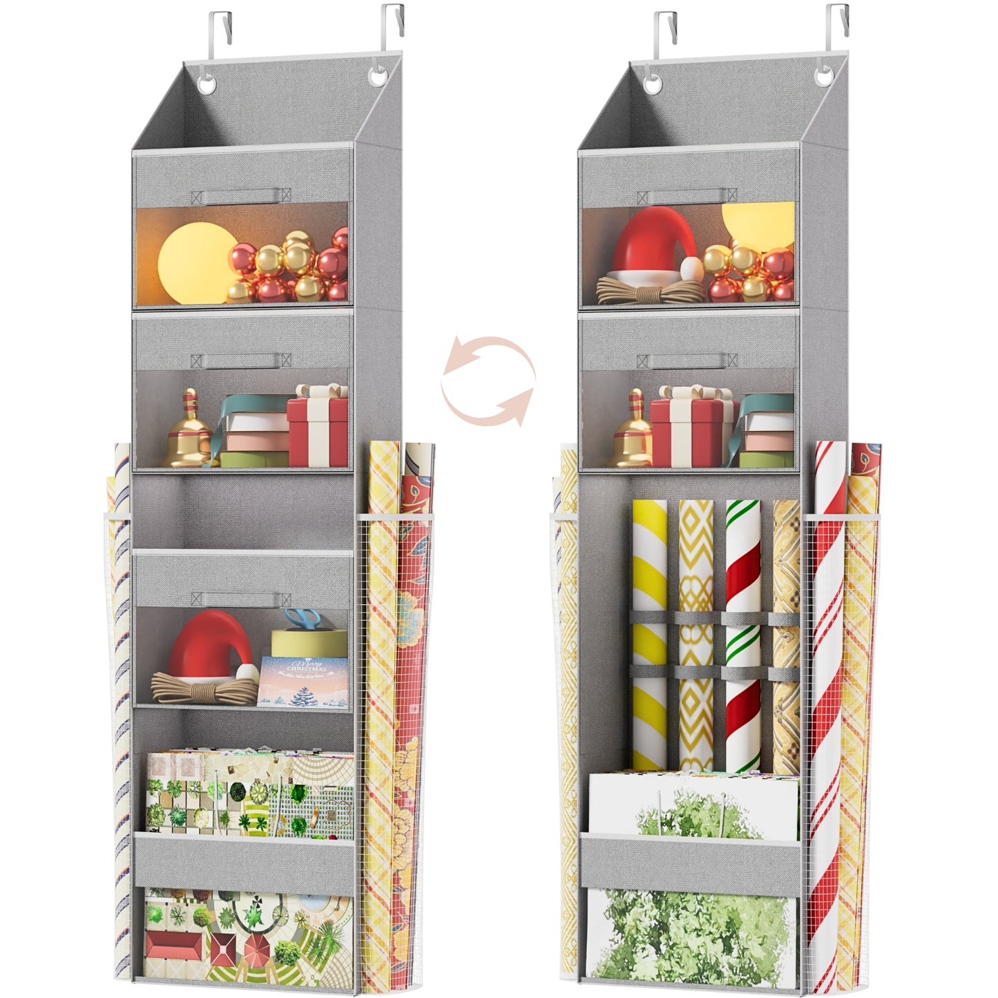 Over Door Wrapping Paper Organizer Storage with 3 Removable Drawers & Side Pockets – Dual Use Design with Elastic Straps – Christmas Gift Wrap Storage for Ribbons, Bows, Ornament and Other Tools