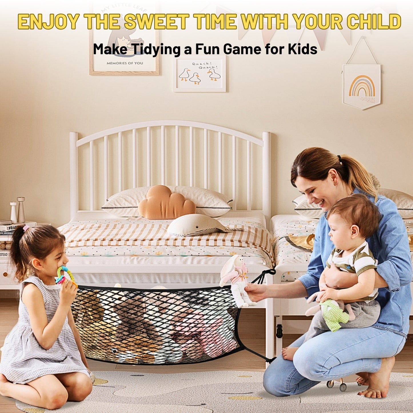 Stuffed Animal Storage Net for Kids, Bedside Toy Organizer Net - Neatly Store Your Stuffed Animals, Elastic Bedside Stuffed Animal Storage Net with Tether, Stretches up to 32 Inches, Black