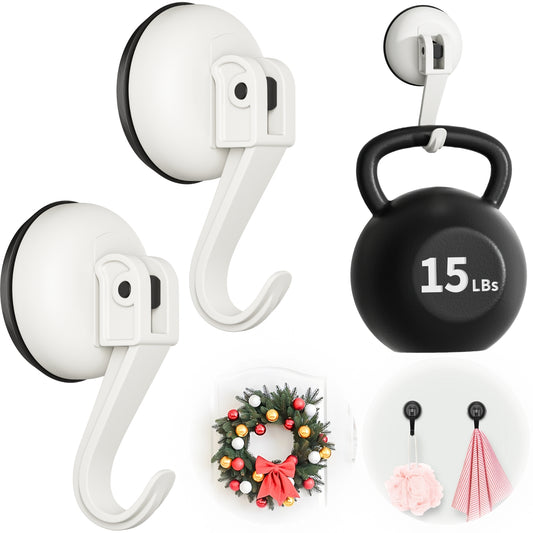 Suction Cup Hooks for Door Wreaths, 2 Pcs Removable & Reusable Christmas Wreath Hangers for Front Doors, No Drill Heavy Duty Vacuum Shower Hooks for Window Bathroom Towels RV Home Storage Hooks