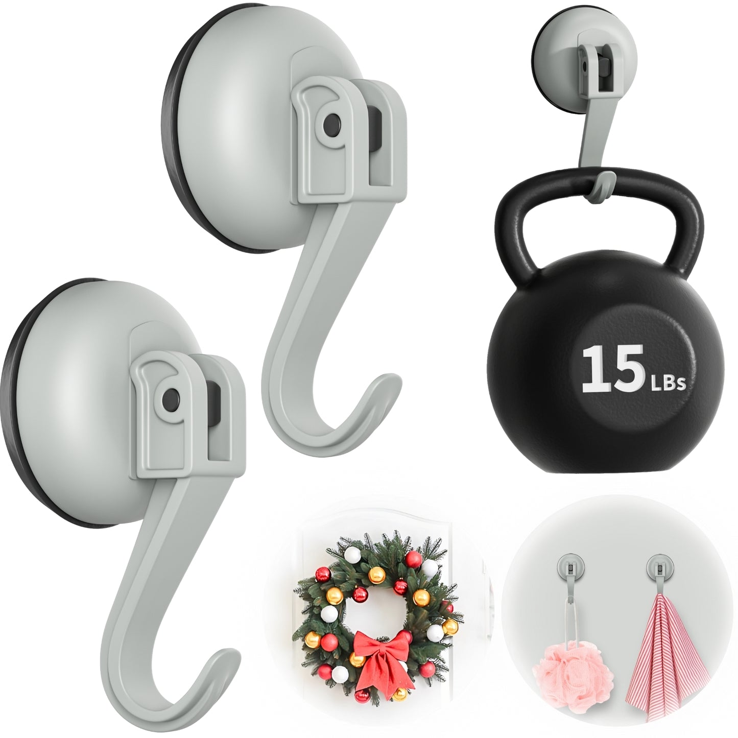Suction Cup Hooks for Door Wreaths, 2 Pcs Removable & Reusable Christmas Wreath Hangers for Front Doors, No Drill Heavy Duty Vacuum Shower Hooks for Window Bathroom Towels RV Home Storage Hooks