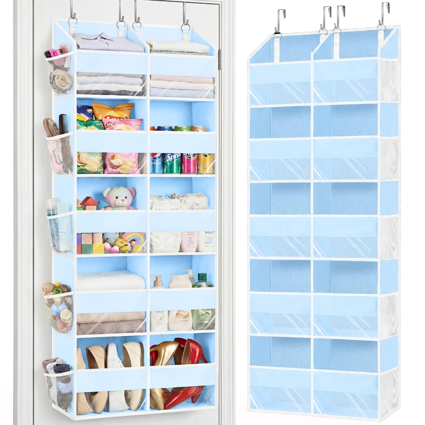 Over Door Organizer, 5-Tier Large Hanging Storage Organizer with 10 Mesh Side Pockets Behind Door Storage Shelf with Clear Windows for Kitchen Bathroom Bedroom Nursery, Toys, Diapers, Shoe