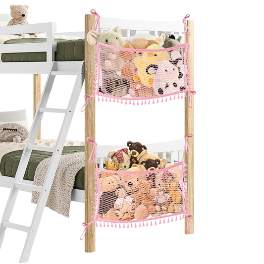 2 Pack Stuffed Animal Hammock, Bedside Stuffed Animal Storage Net Corner - Kids Nursery Wall Bedroom Home Decor, Cotton Bedside Toy Organizer Net with Tether, Stretches up to 32 in, Pink