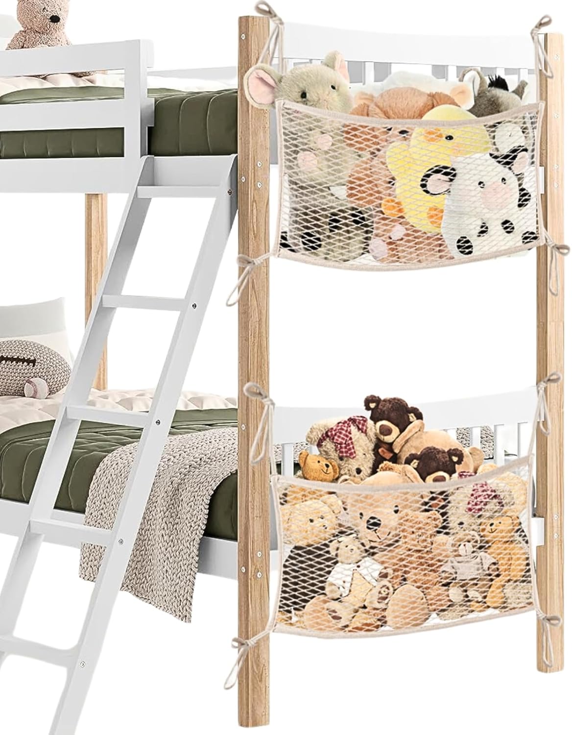 Stuffed Animal Storage Net for Kids, Bedside Toy Organizer Net - Neatly Store Your Stuffed Animals, Cotton Bedside Stuffed Animal Storage Net with Tether, Stretches up to 35 Inches, Beige