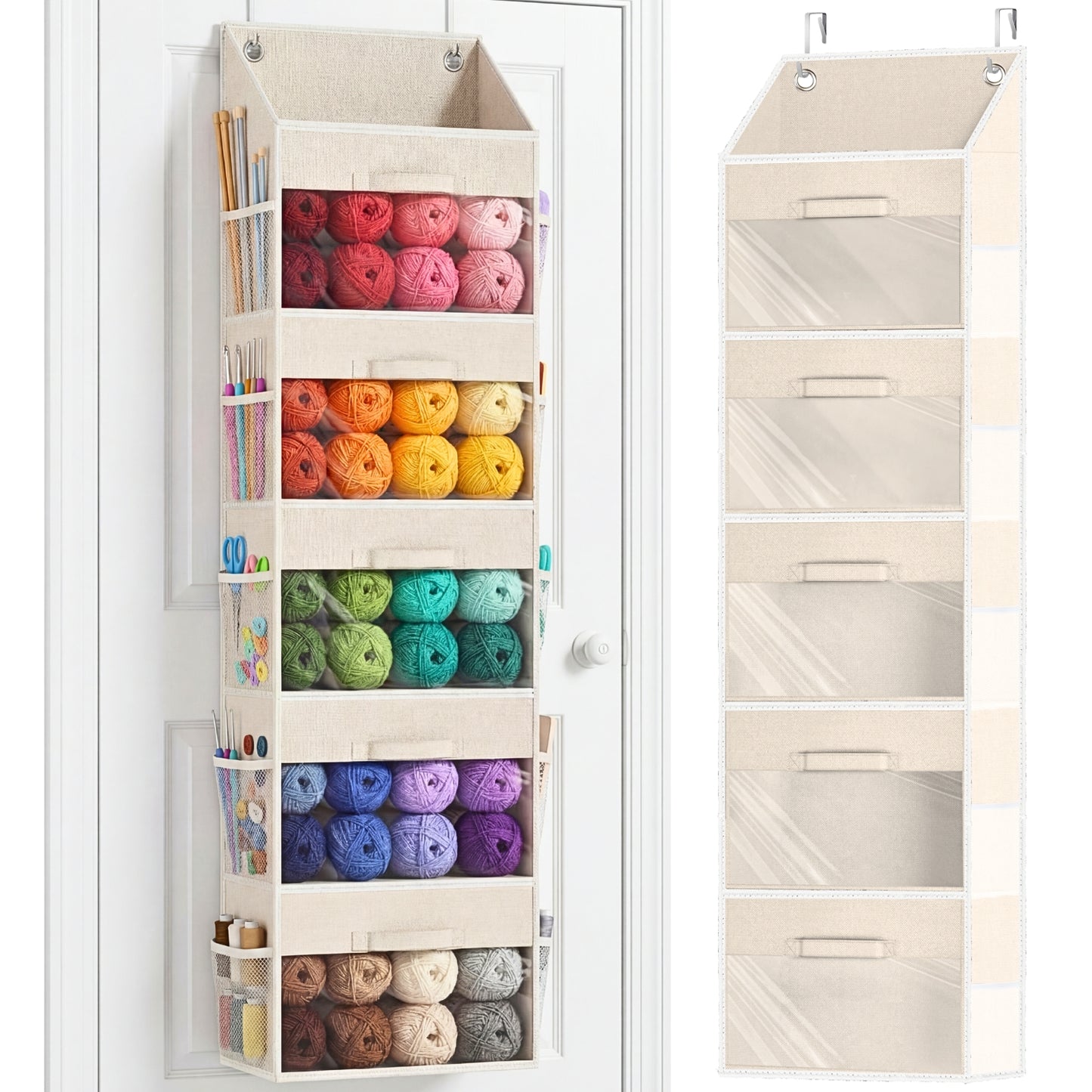 Ofiray-home Hanging Yarn Storage Organizer with 5 Drawers, Over the Door Large Capacity Knitting Organizer Storage&10 Mesh Side Pockets, Hanging Yarn Holder for Knitting Needles, Crochet Hooks- Beige