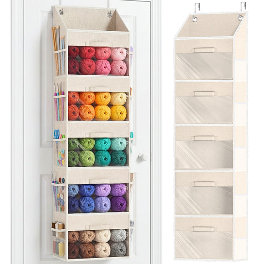 Ofiray-home Hanging Yarn Storage Organizer with 5 Drawers, Over the Door Large Capacity Knitting Organizer Storage&10 Mesh Side Pockets, Hanging Yarn Holder for Knitting Needles, Crochet Hooks- Beige
