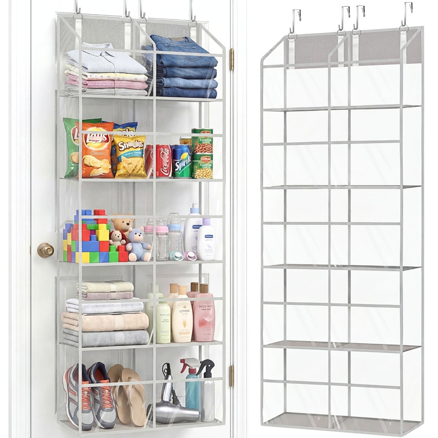 Over Door Organizer, 5-Tier Large Hanging Storage Organizer with 10 Mesh Side Pockets Behind Door Storage Shelf with Clear Windows for Kitchen Bathroom Bedroom Nursery, Toys, Diapers, Shoe