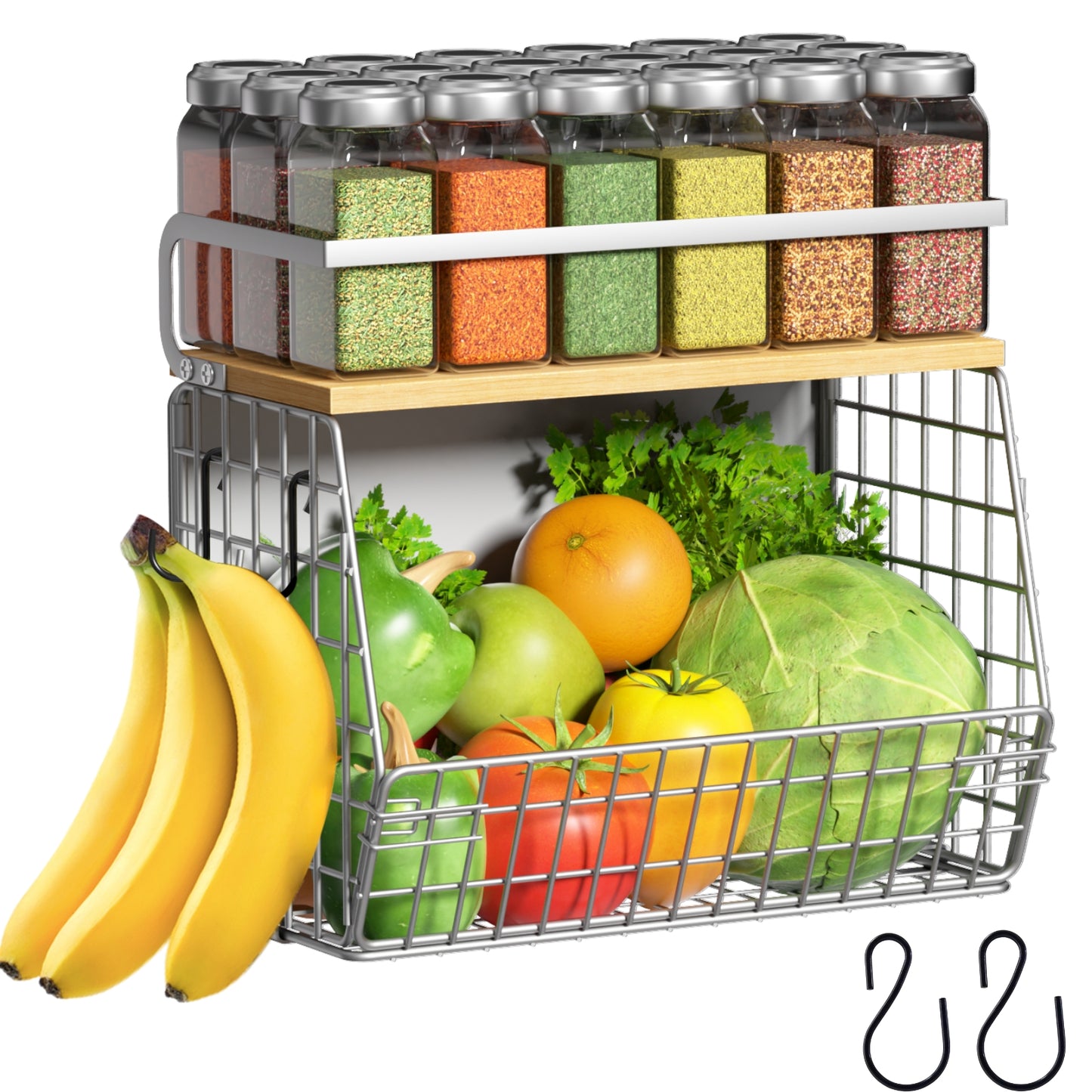 Magnetic Shelf for Refrigerator with Wood Lid, Fruit Potato & Onion Storage Bins, Pantry Organizers & Storage, Large Container Magnetic Spice Rack for Refrigerator, Kitchen Counter, Cabinet