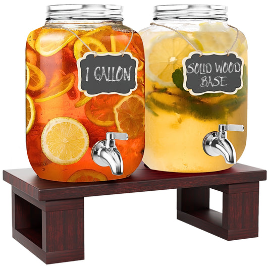 1 Gallon Drink Dispenser for Parties, 2 Pack Glass Beverage Dispenser with Solid Wood Stand, Stainless Steel Spigot, Leakproof Drink Dispenser with Chalkboard Labels for Lemonade, Juice, Tea & Picnic