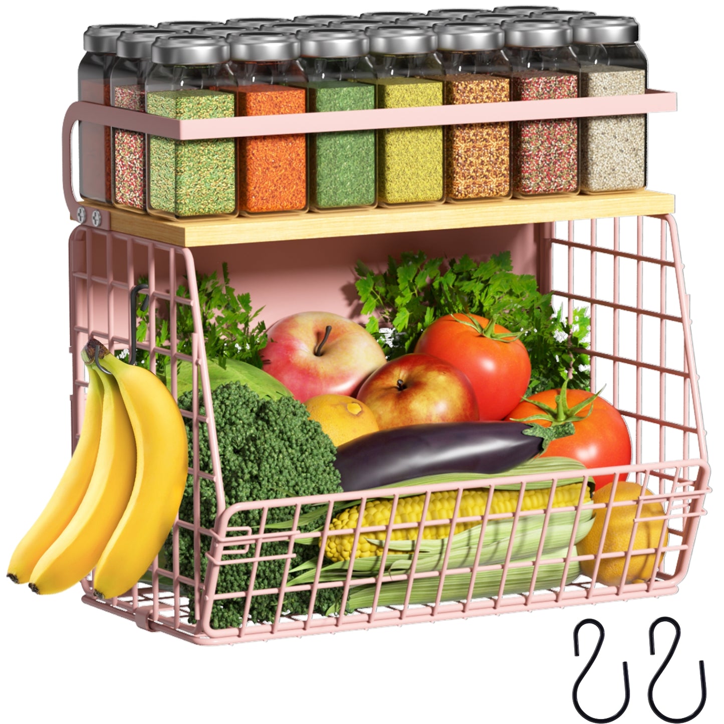 Magnetic Shelf for Refrigerator with Wood Lid, Fruit Potato & Onion Storage Bins, Pantry Organizers & Storage, Large Container Magnetic Spice Rack for Refrigerator, Kitchen Counter, Cabinet