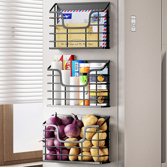 Magnetic Shelf for Fridge, 3 Pack Metal Fridge Organizer Baskets, Magnetic Cup Holder for Refrigerator, Fruit & Snack Storage, Magnetic Bin for Potatoes, Letters, Magazines, Kitchen & Laundry Room