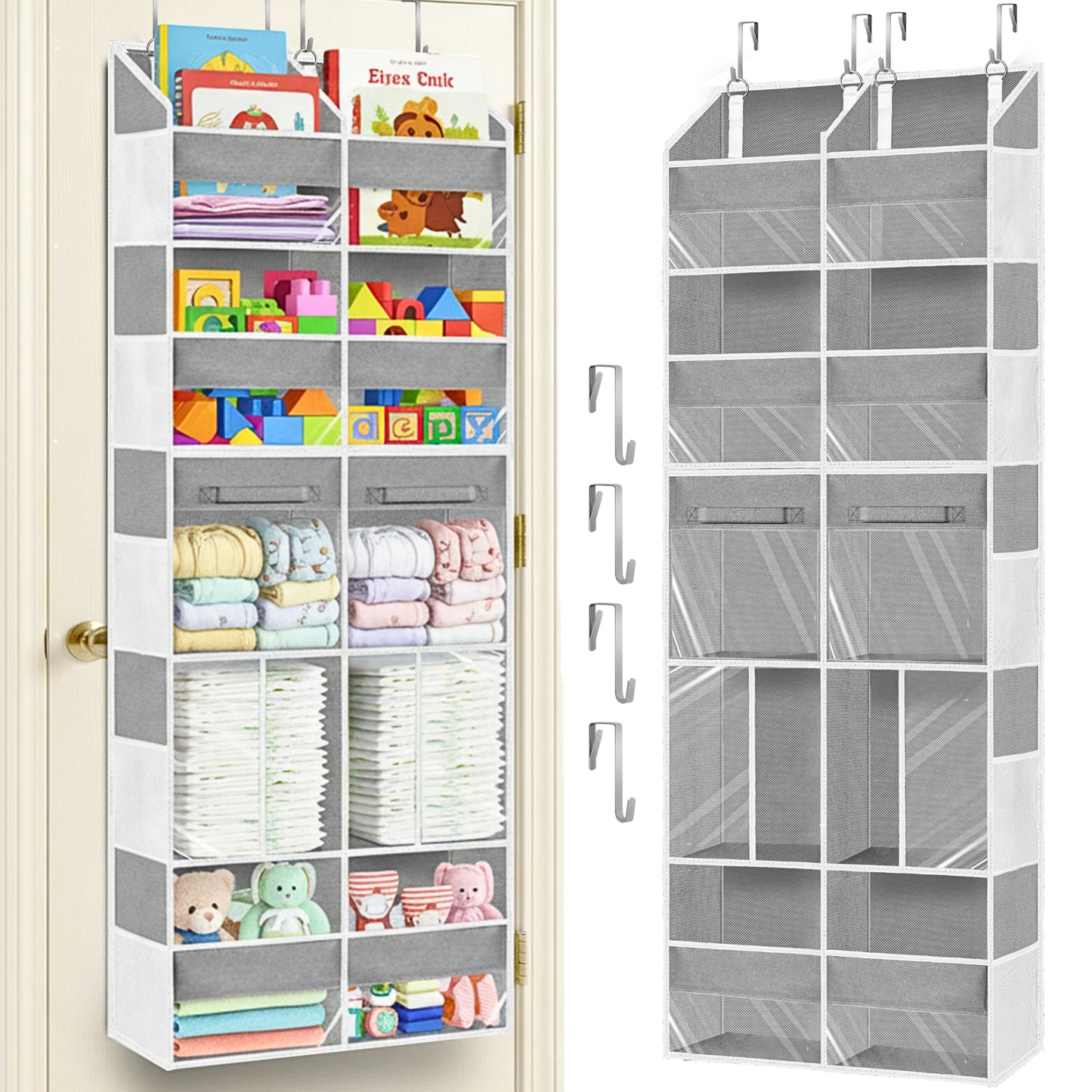 Over the Door Organizer 5 Tiers with Removable Drawers, Extra Large Door Storage of 6 Compartments & 2 Diaper Storage, Double-Column Clear Window Door Hanging Organizer for Nursery, Closet, Pantry